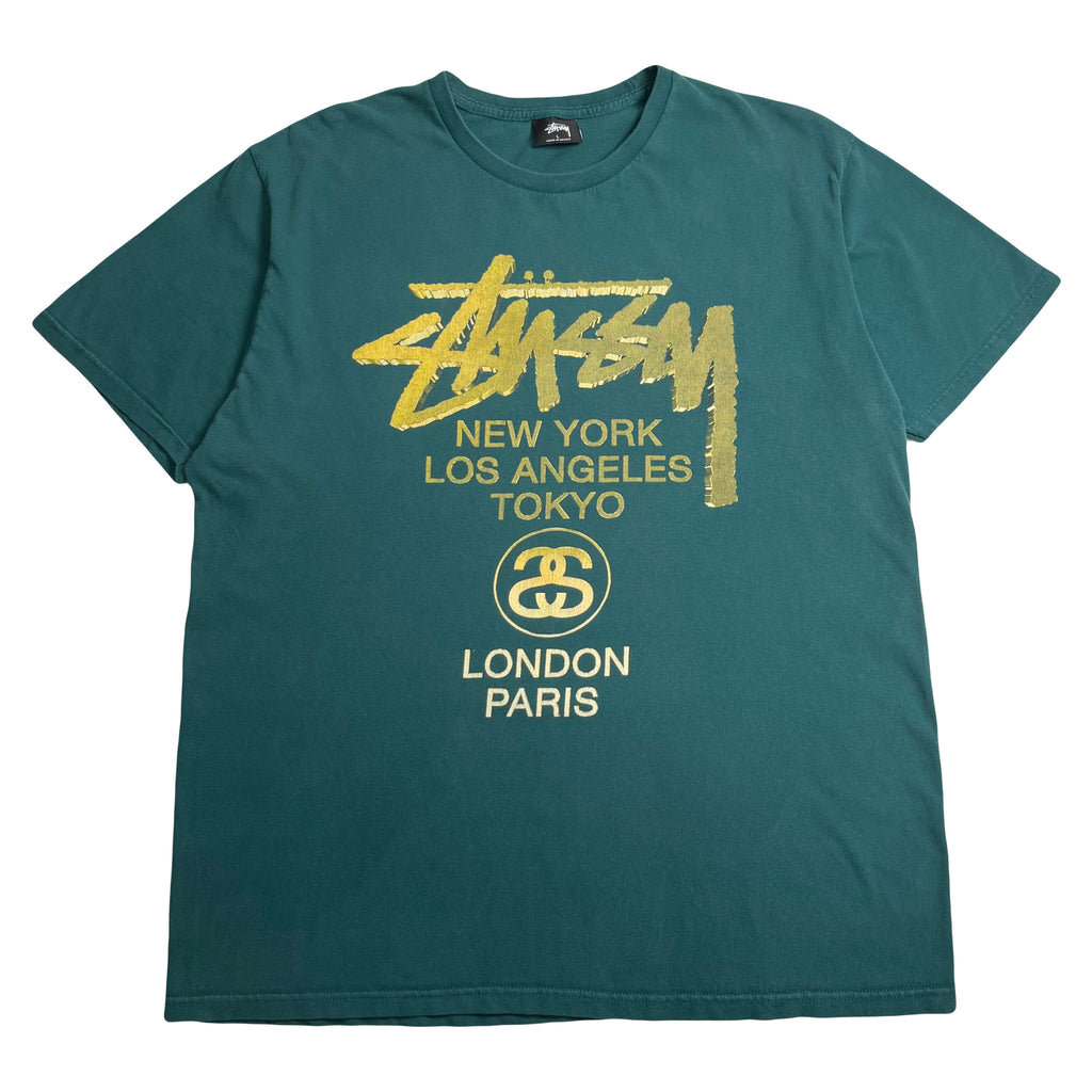 Stussy Gold Text Cities Graphic Tee L