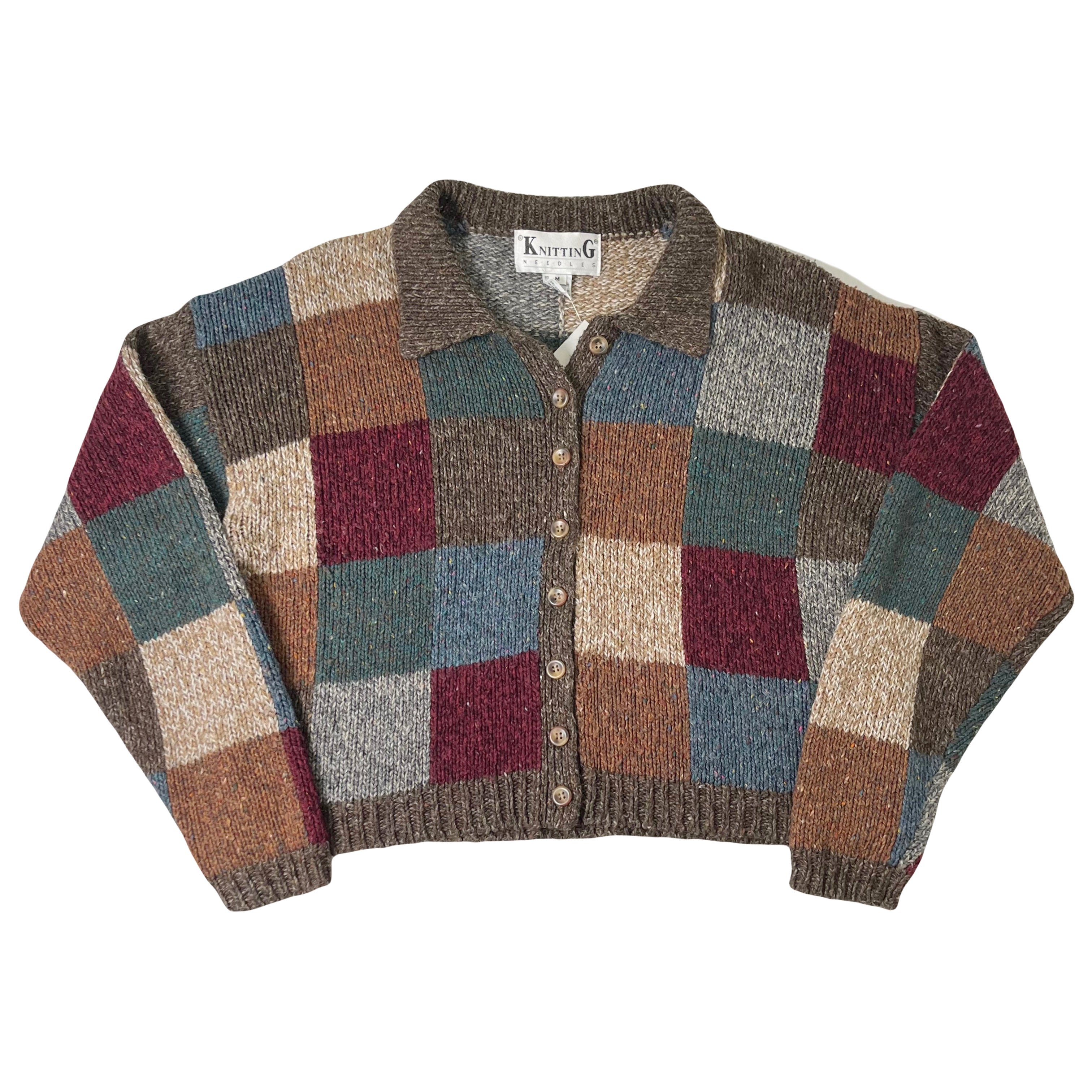 Vintage Knitting Needles Patchwork Knit Cardigan Sweater M