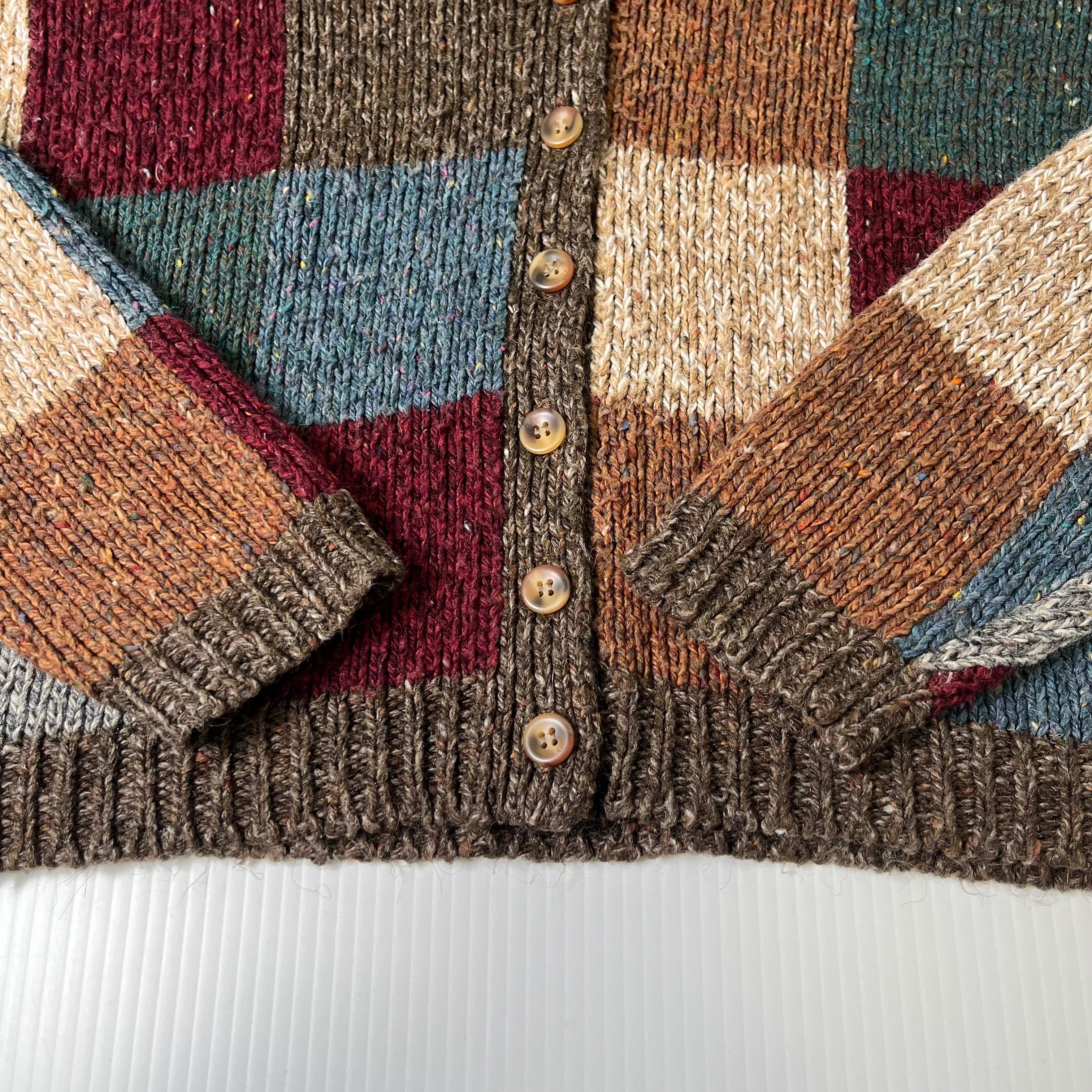 Vintage Knitting Needles Patchwork Knit Cardigan Sweater M