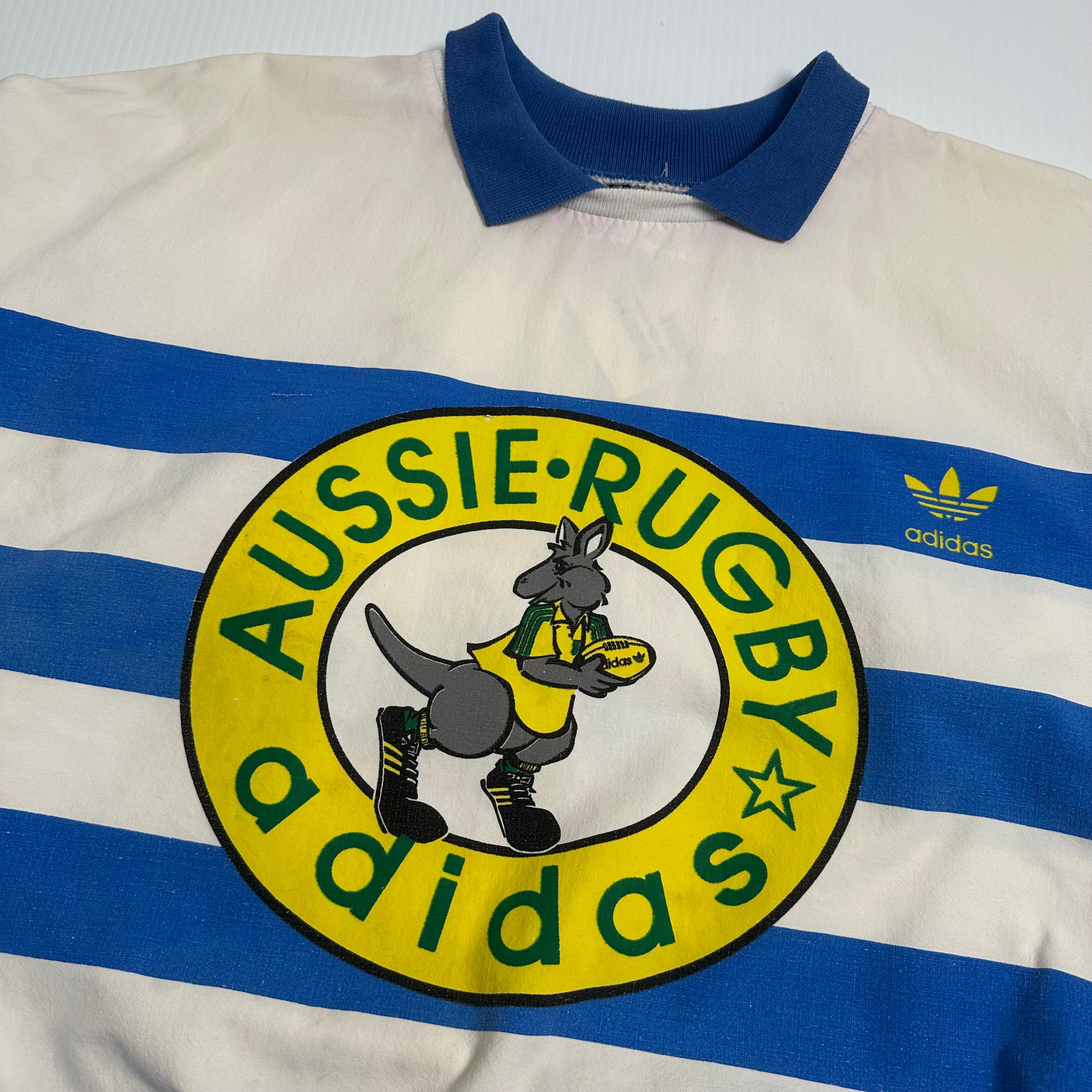 80s Adidas Aussie Rugby Striped Collared Crewneck L