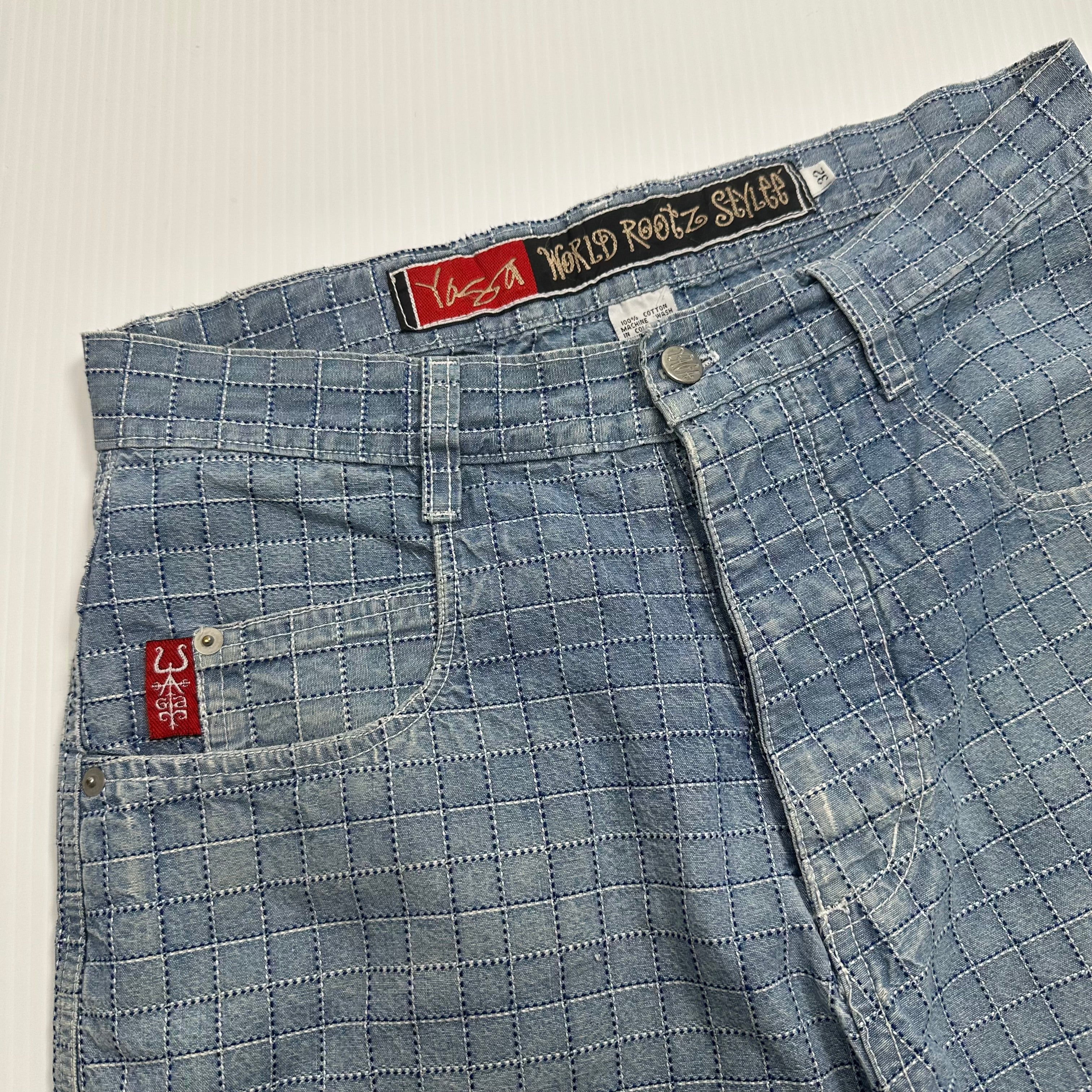 Vintage Yaga World Roots Style Grid Pattern Denim Shorts 32