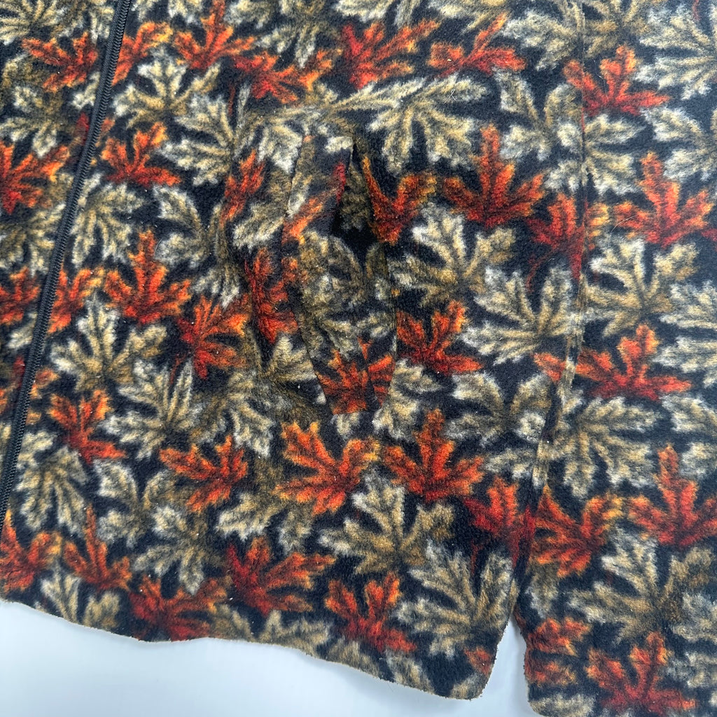 Vintage Fall Leaves Patterned Full Zip Fleece Jacket S