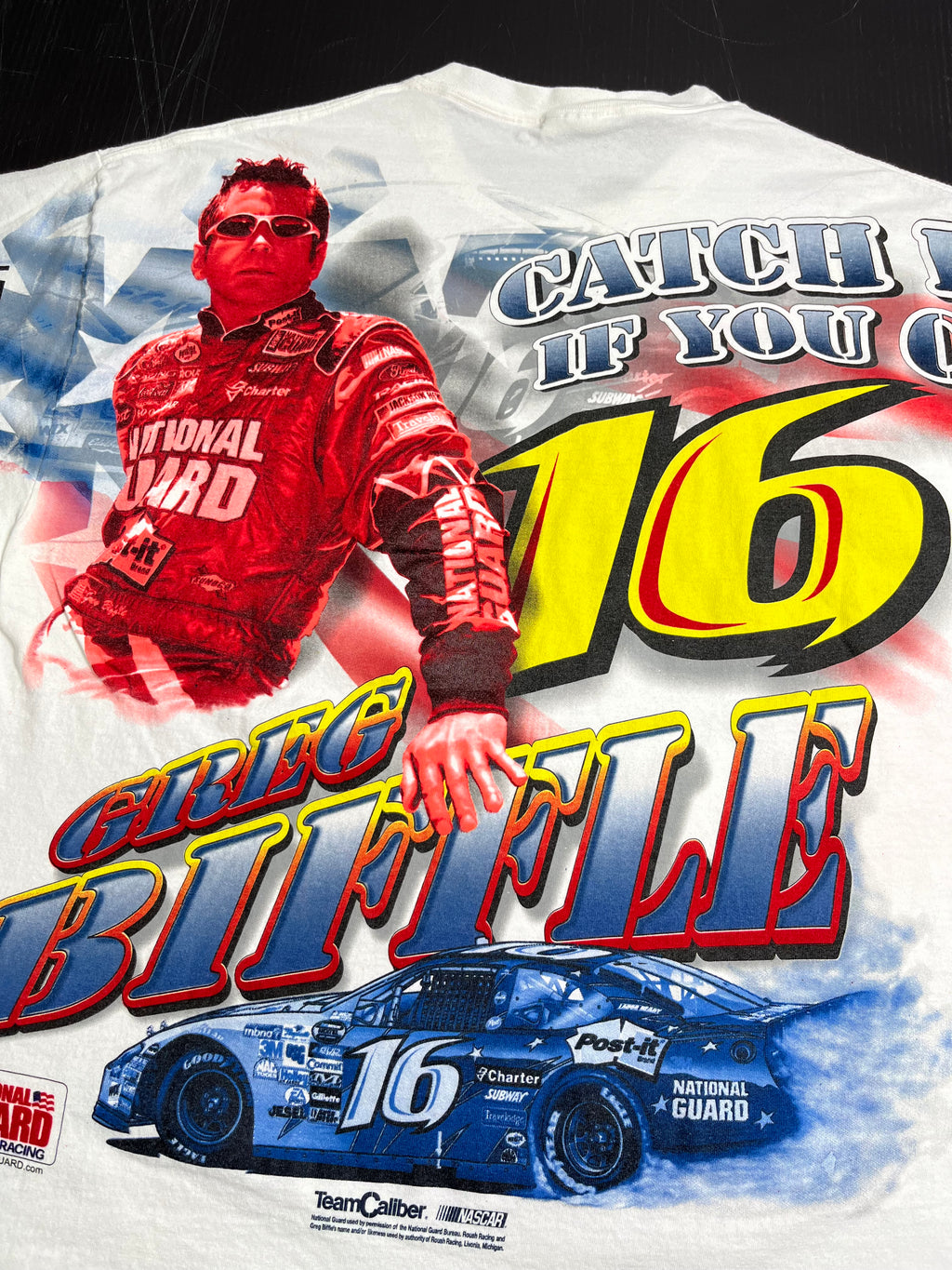Vintage Greg Biffle Catch Him If You Can NASCAR AOP Tee XL