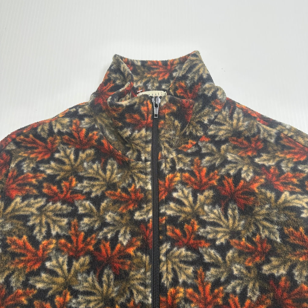 Vintage Fall Leaves Patterned Full Zip Fleece Jacket S