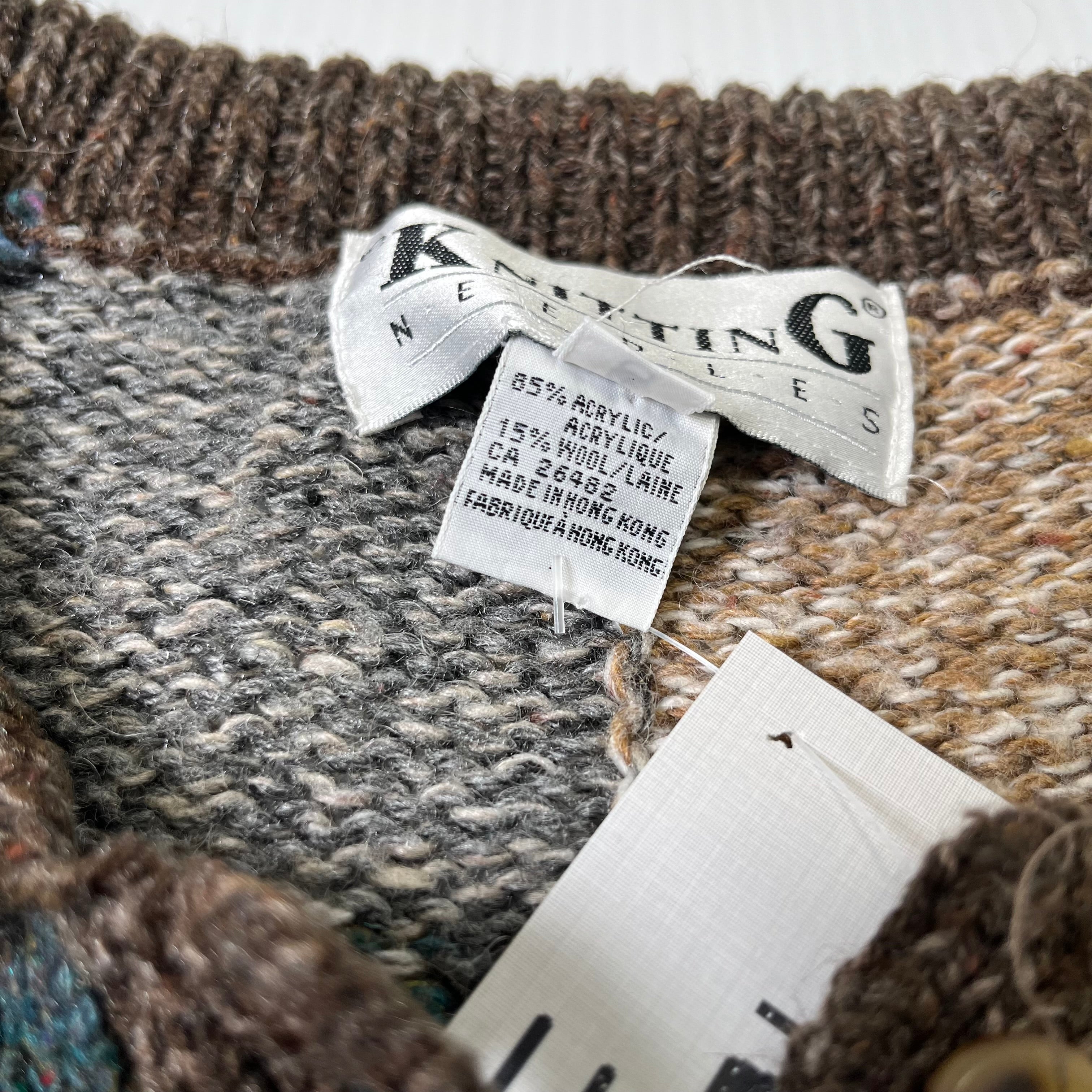 Vintage Knitting Needles Patchwork Knit Cardigan Sweater M