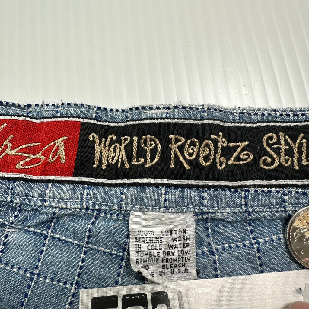 Vintage Yaga World Roots Style Grid Pattern Denim Shorts 32