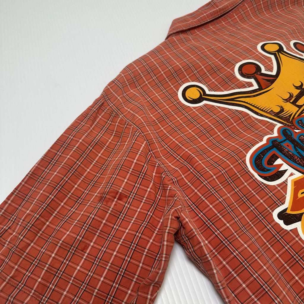 Y2K Third Rail Crown Graphic Plaid Short Sleeve Button Up Cropped XL