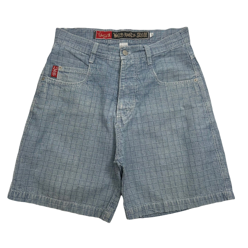 Vintage Yaga World Roots Style Grid Pattern Denim Shorts 32