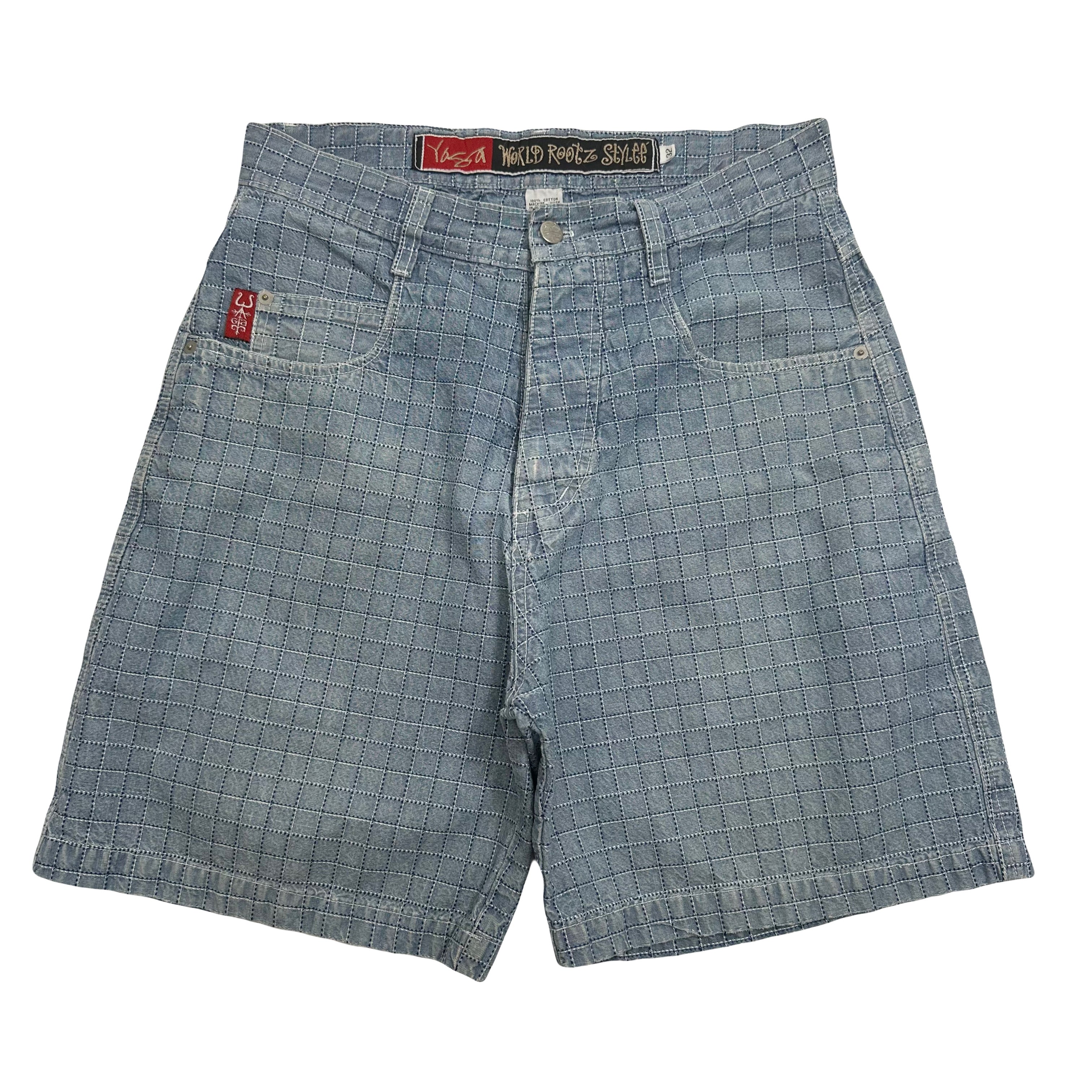 Vintage Yaga World Roots Style Grid Pattern Denim Shorts 32
