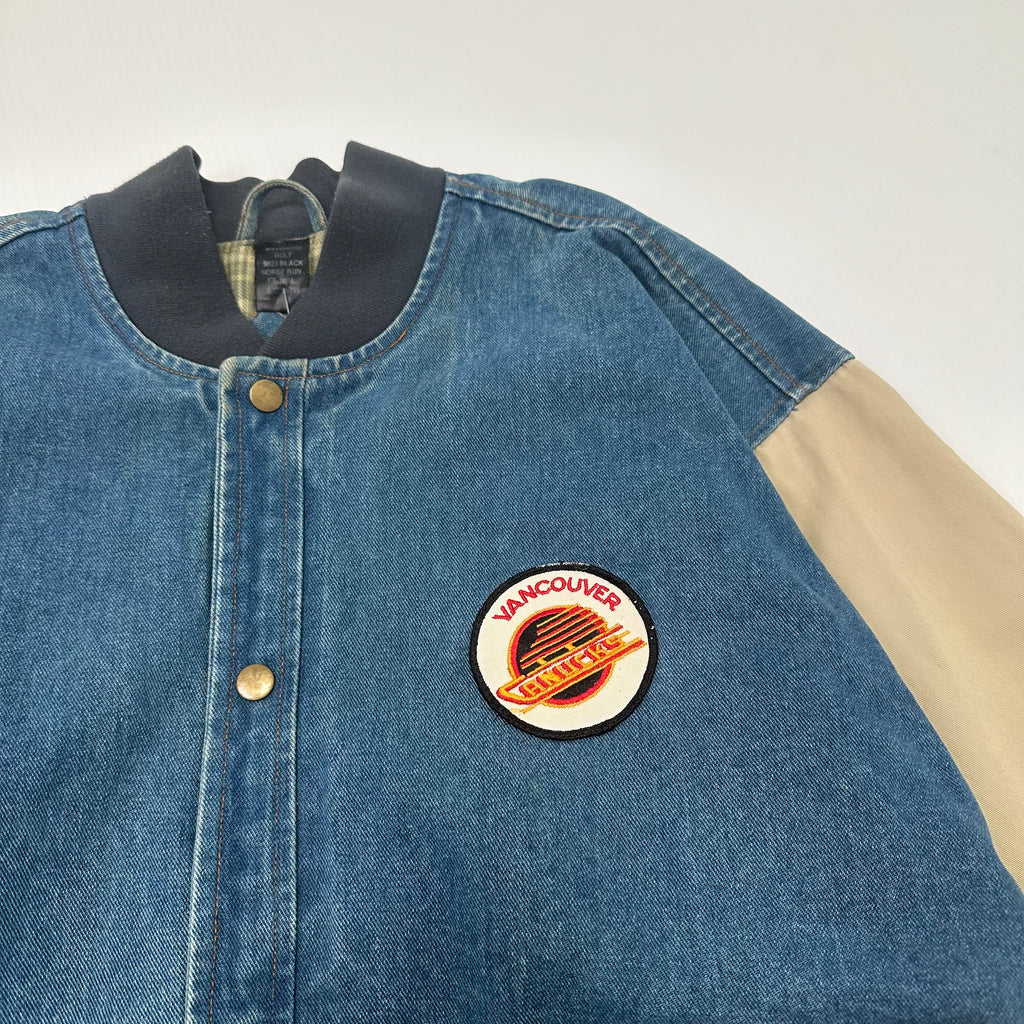 Vintage Vancouver Canucks Patch Denim Bomber Jacket L