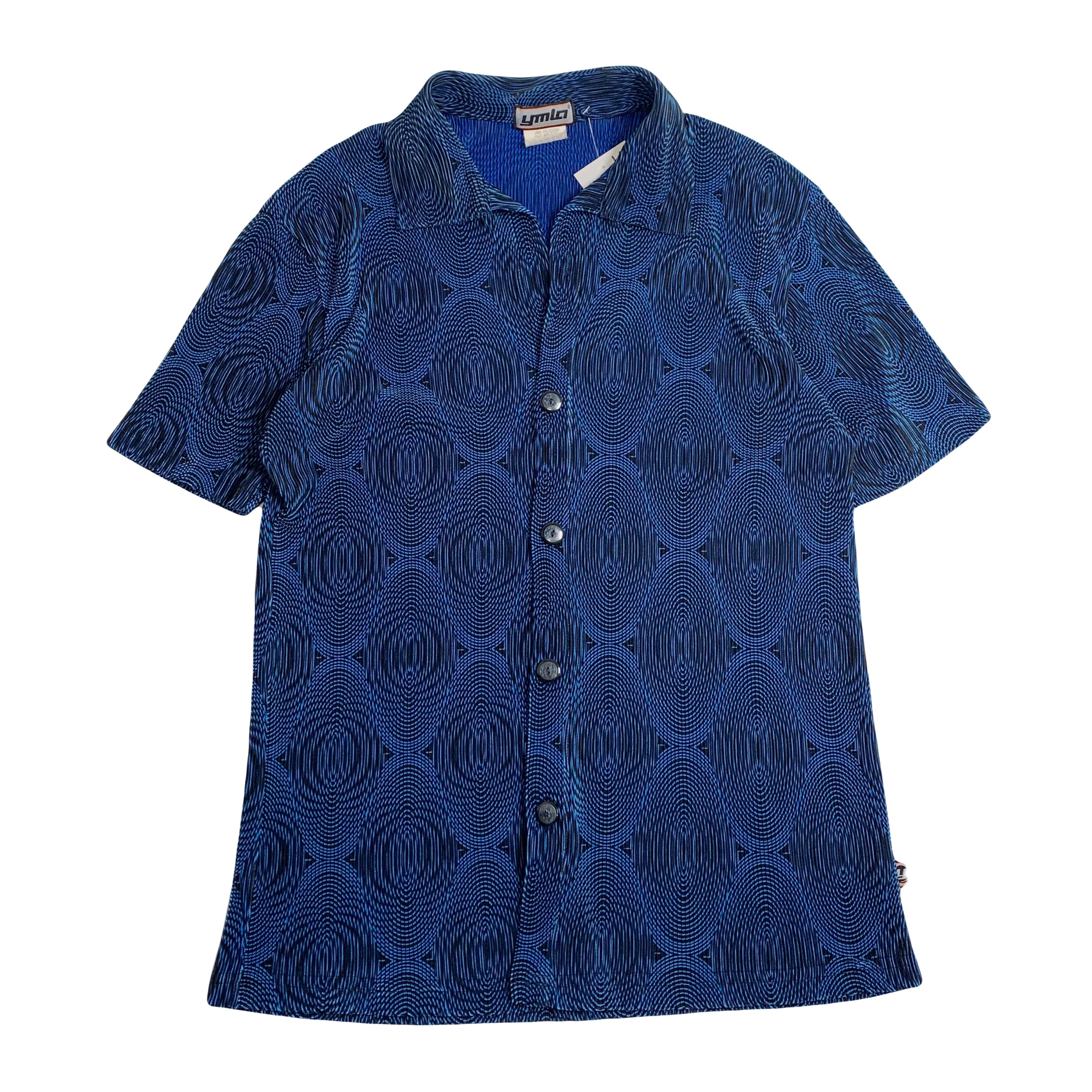 Vintage Ymlo Illusion Abstract Pattern Short Sleeve Plisse Button Up M