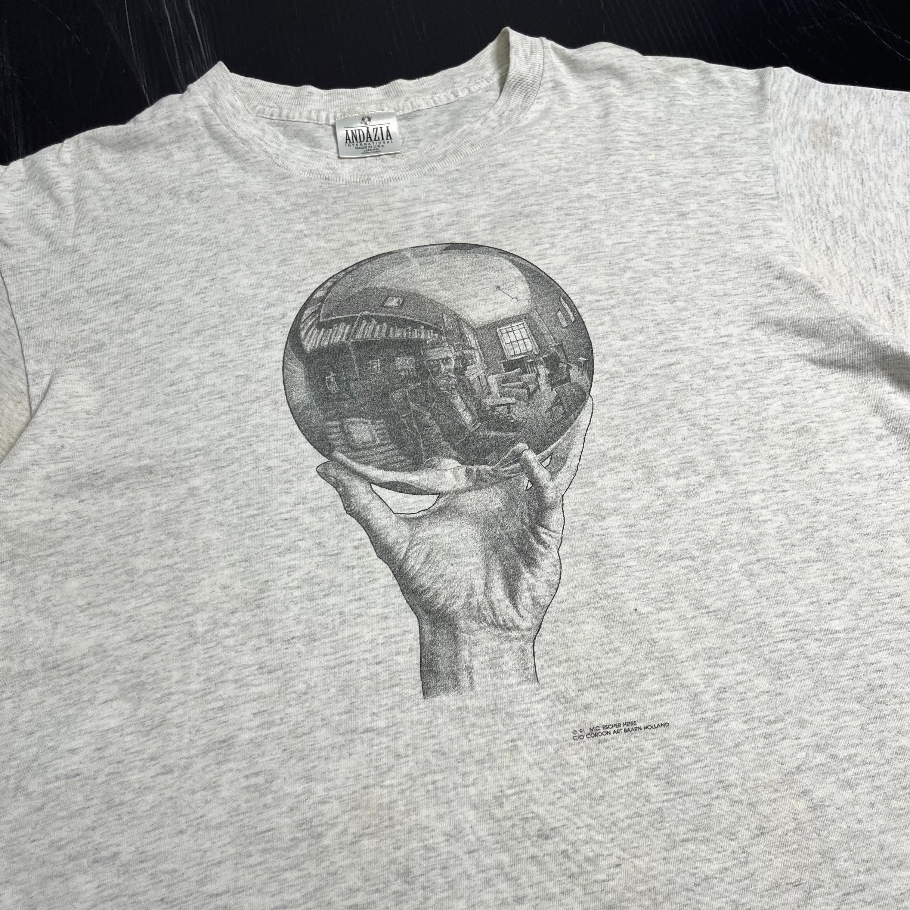 1991 M.C. Escher Hand With Reflecting Sphere Portrait Tee L