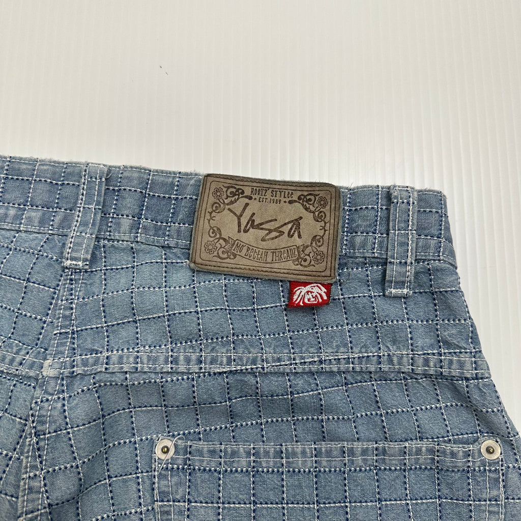 Vintage Yaga World Roots Style Grid Pattern Denim Shorts 32