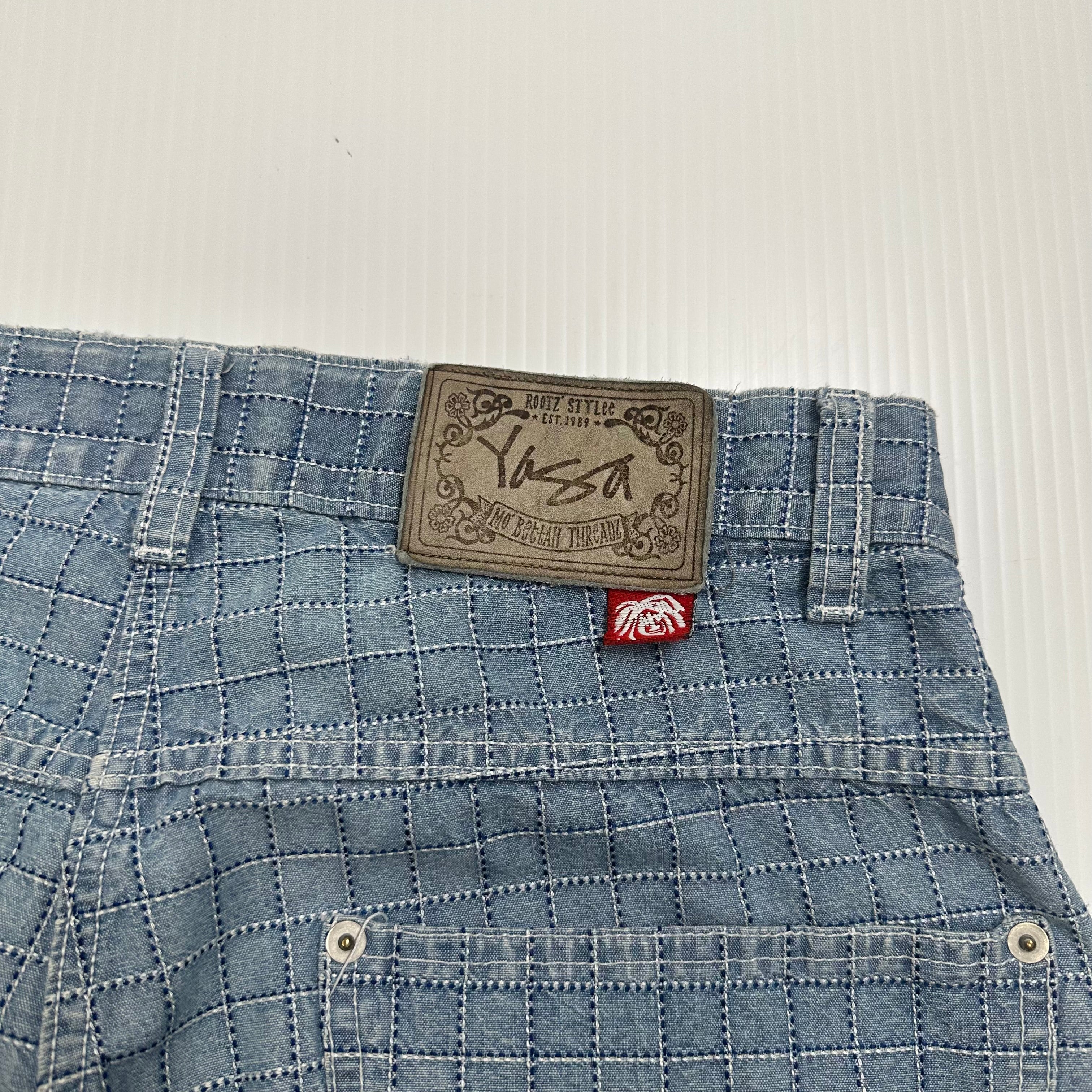 Vintage Yaga World Roots Style Grid Pattern Denim Shorts 32