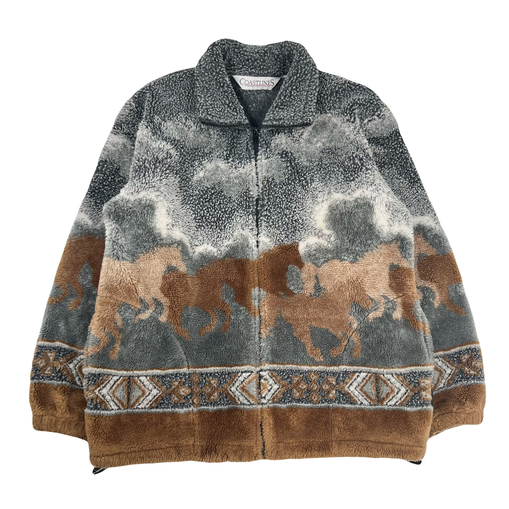 Vintage Coastlines Fleece Pattern Zip Jacket L