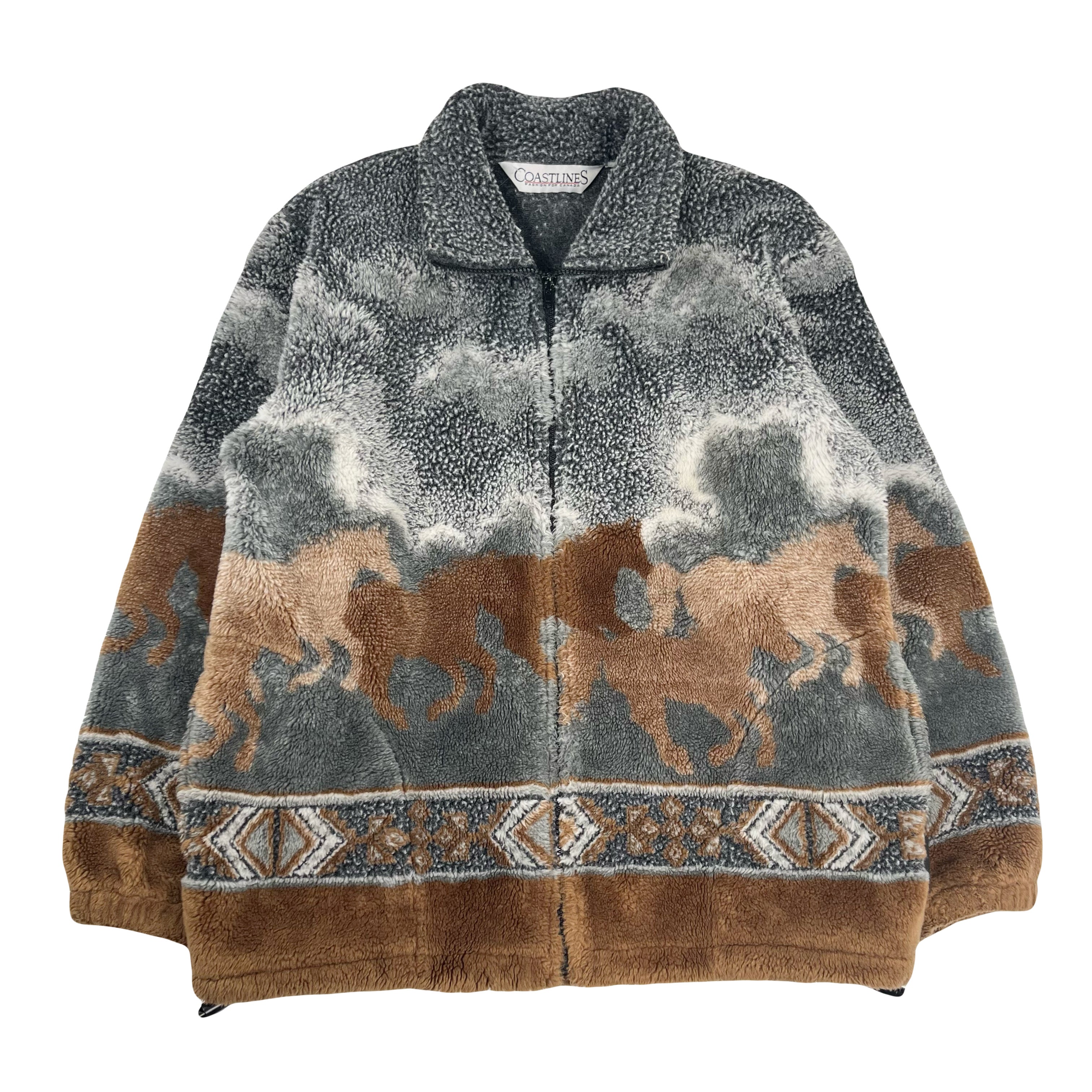 Vintage Coastlines Fleece Pattern Zip Jacket L
