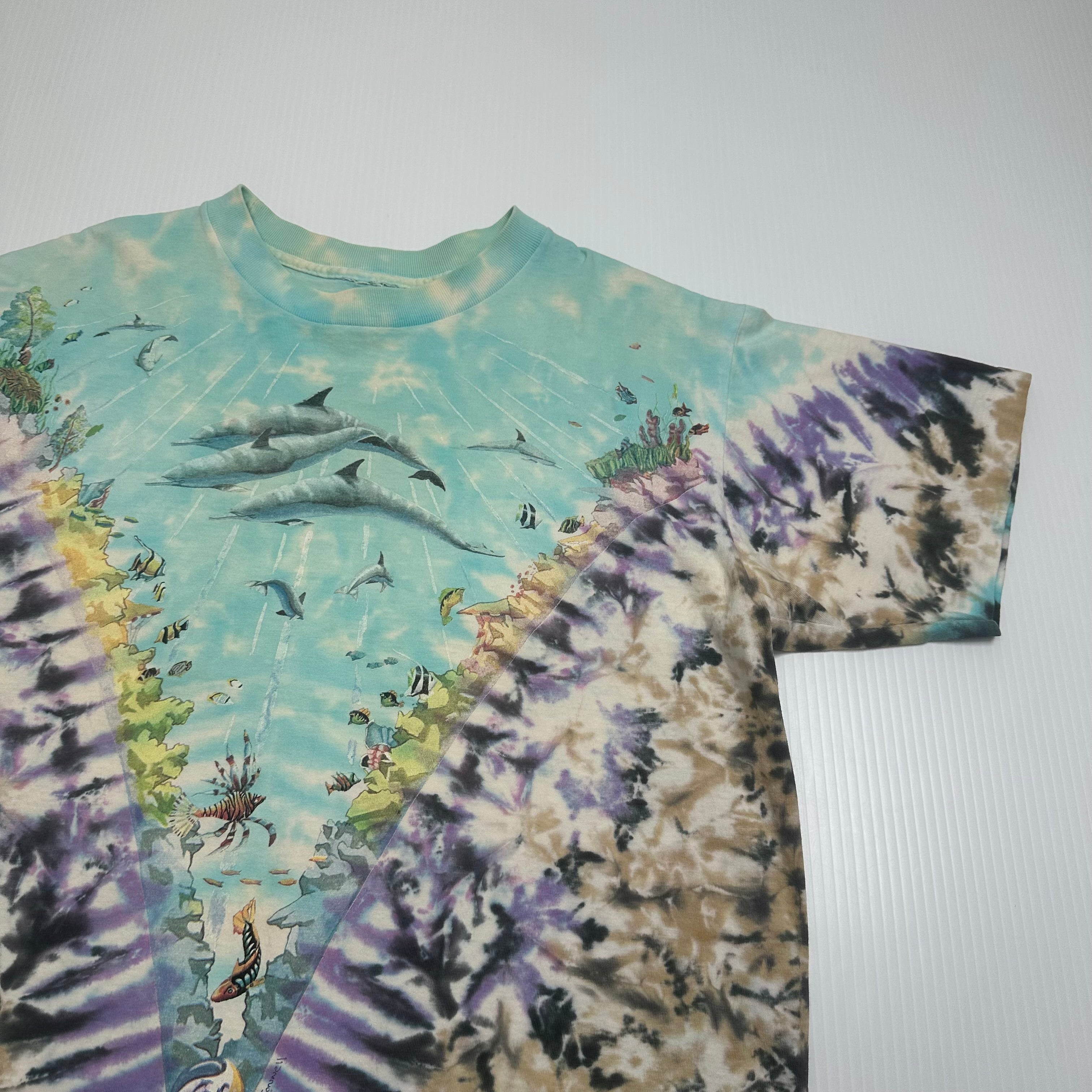 Vintage Liquid Blue Ocean Life Tie Dye AOP Tee M