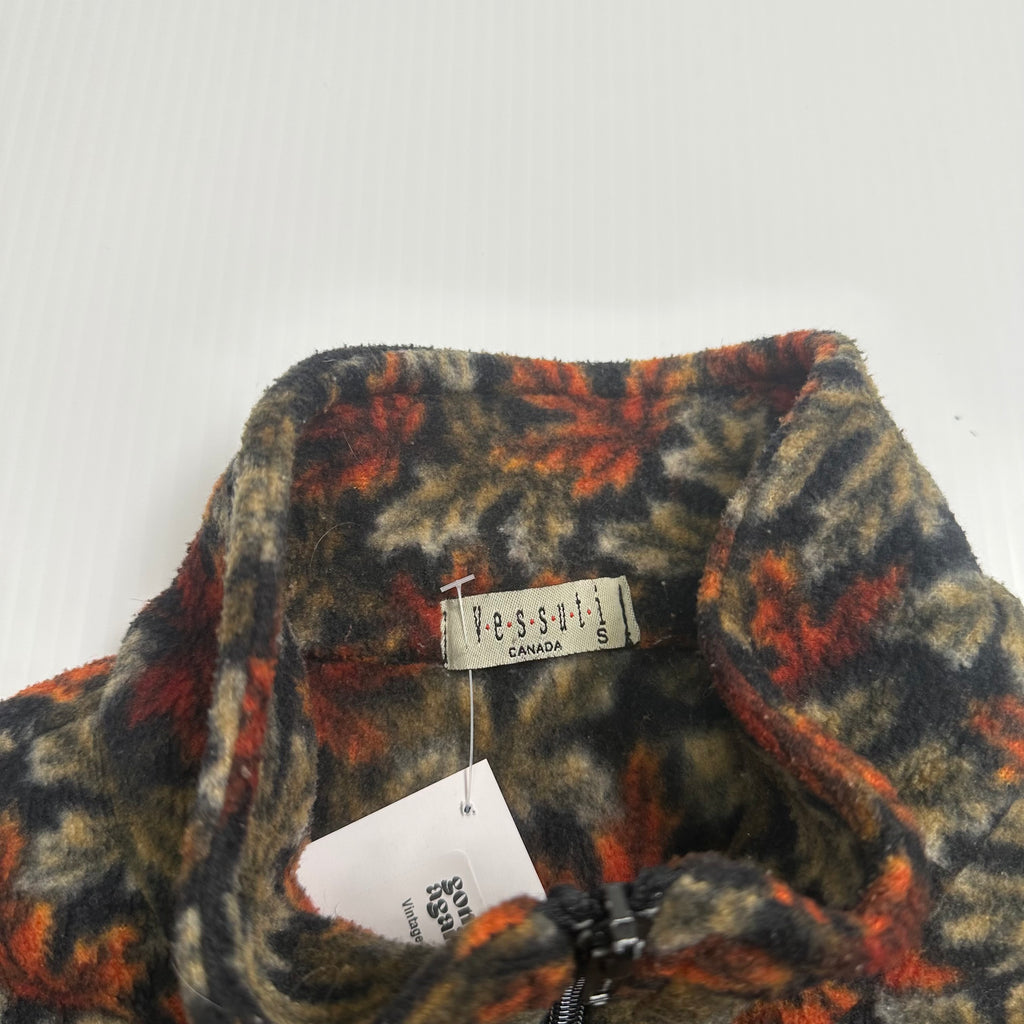 Vintage Fall Leaves Patterned Full Zip Fleece Jacket S