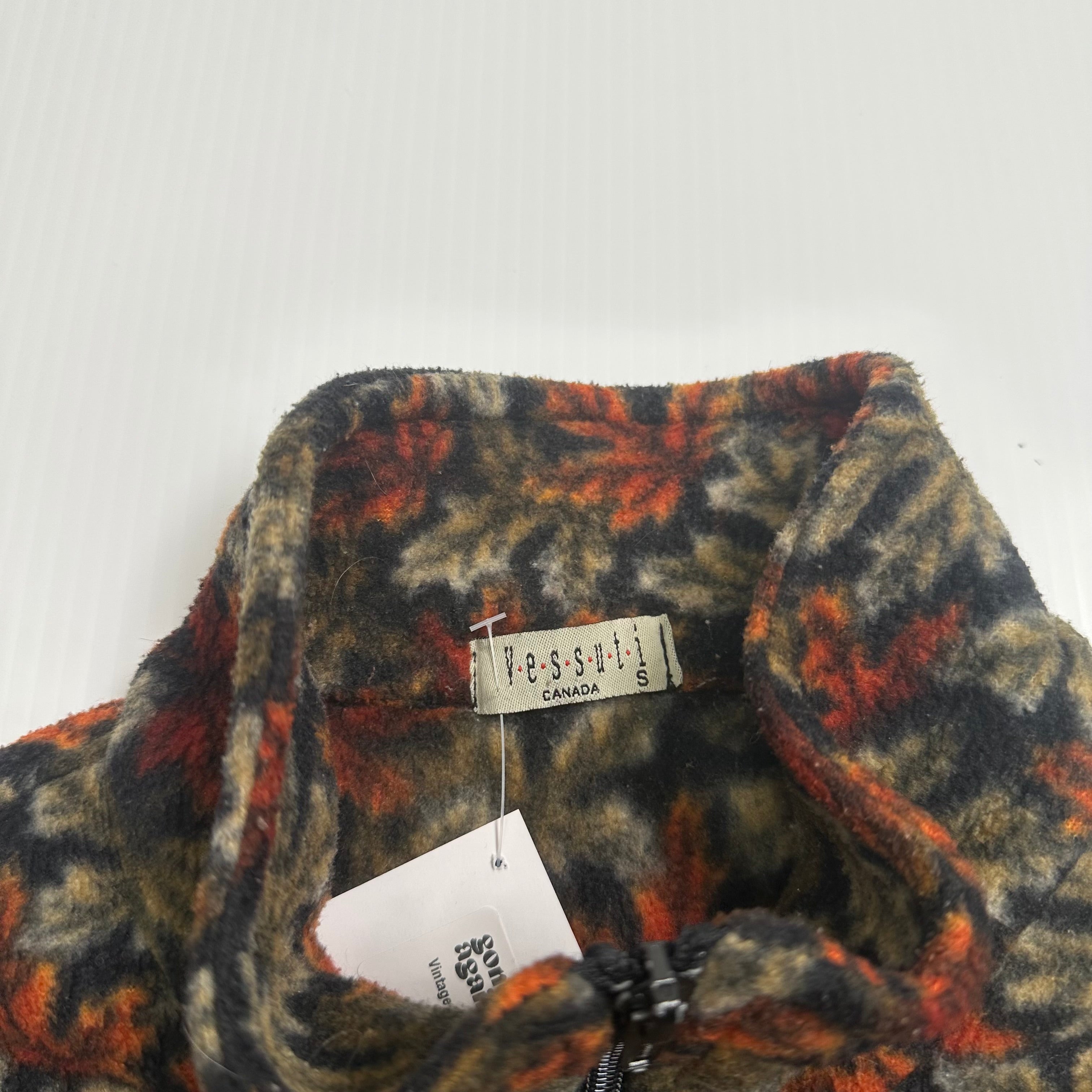 Vintage Fall Leaves Patterned Full Zip Fleece Jacket S