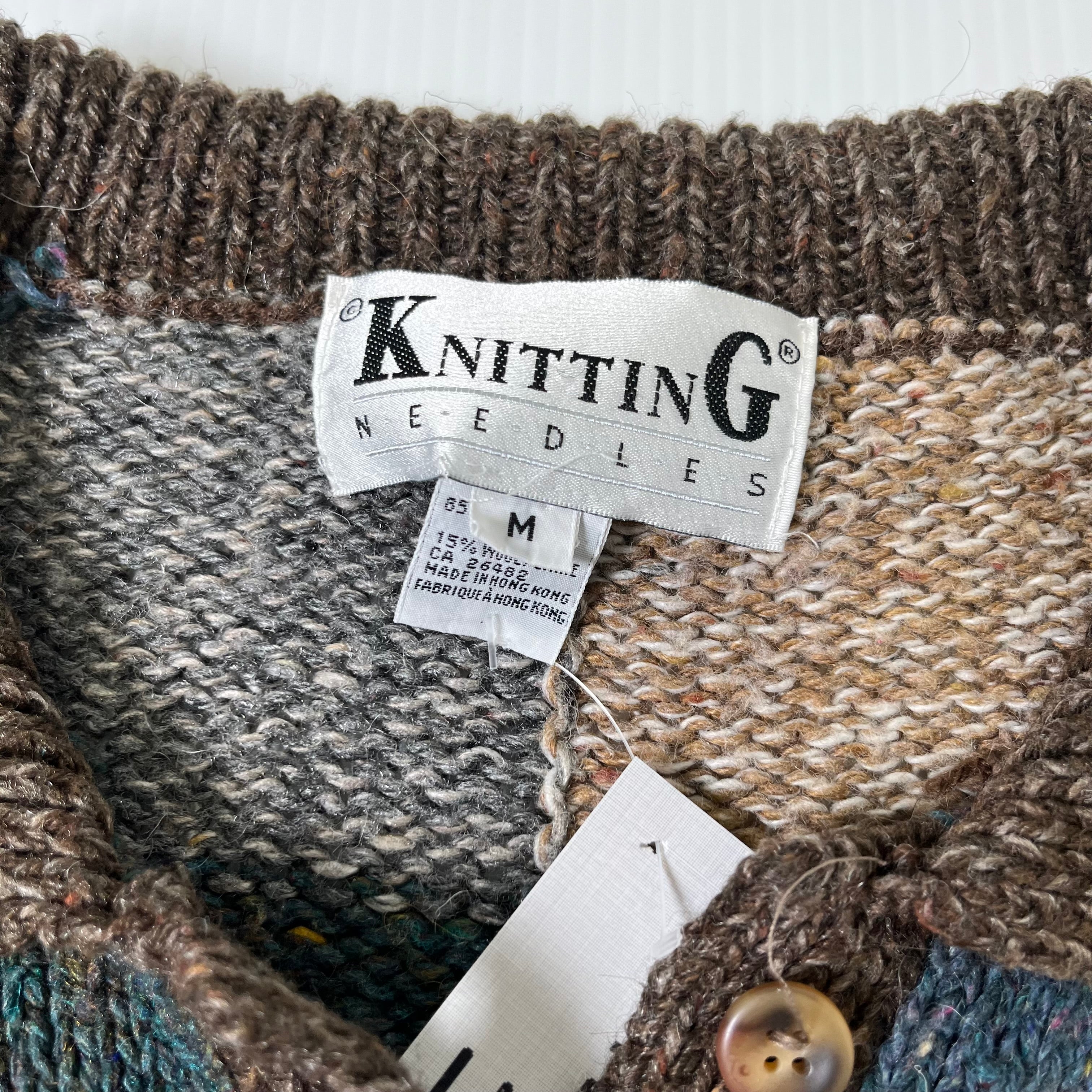 Vintage Knitting Needles Patchwork Knit Cardigan Sweater M