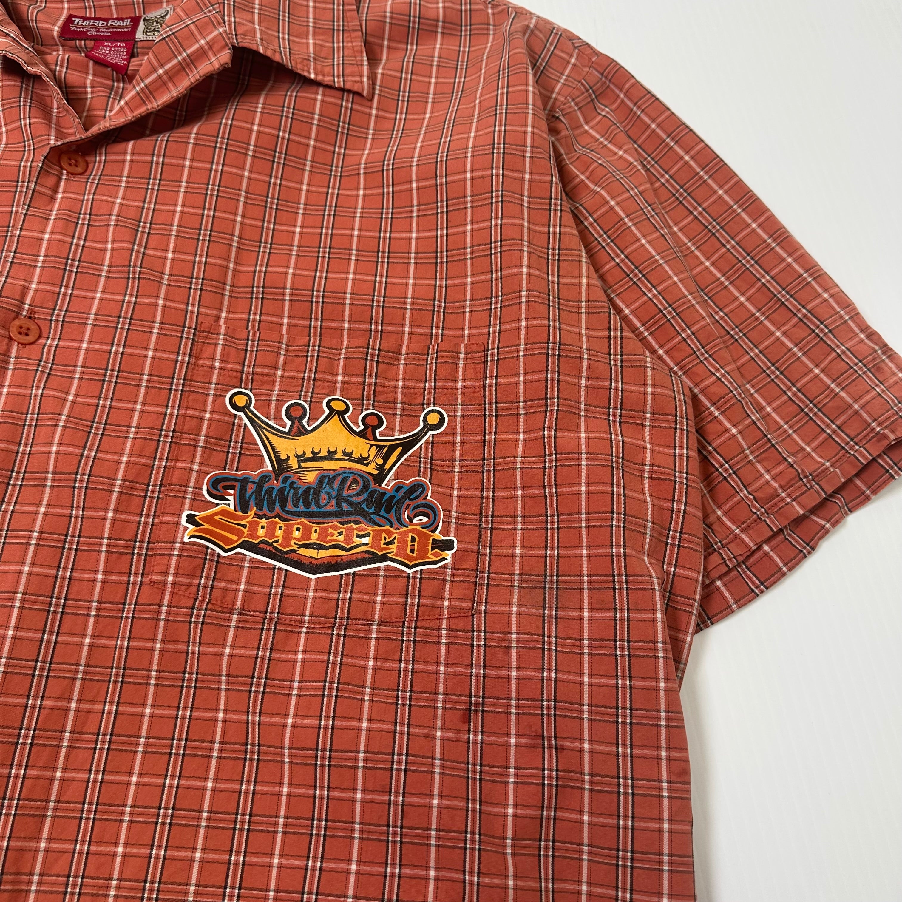 Y2K Third Rail Crown Graphic Plaid Short Sleeve Button Up Cropped XL
