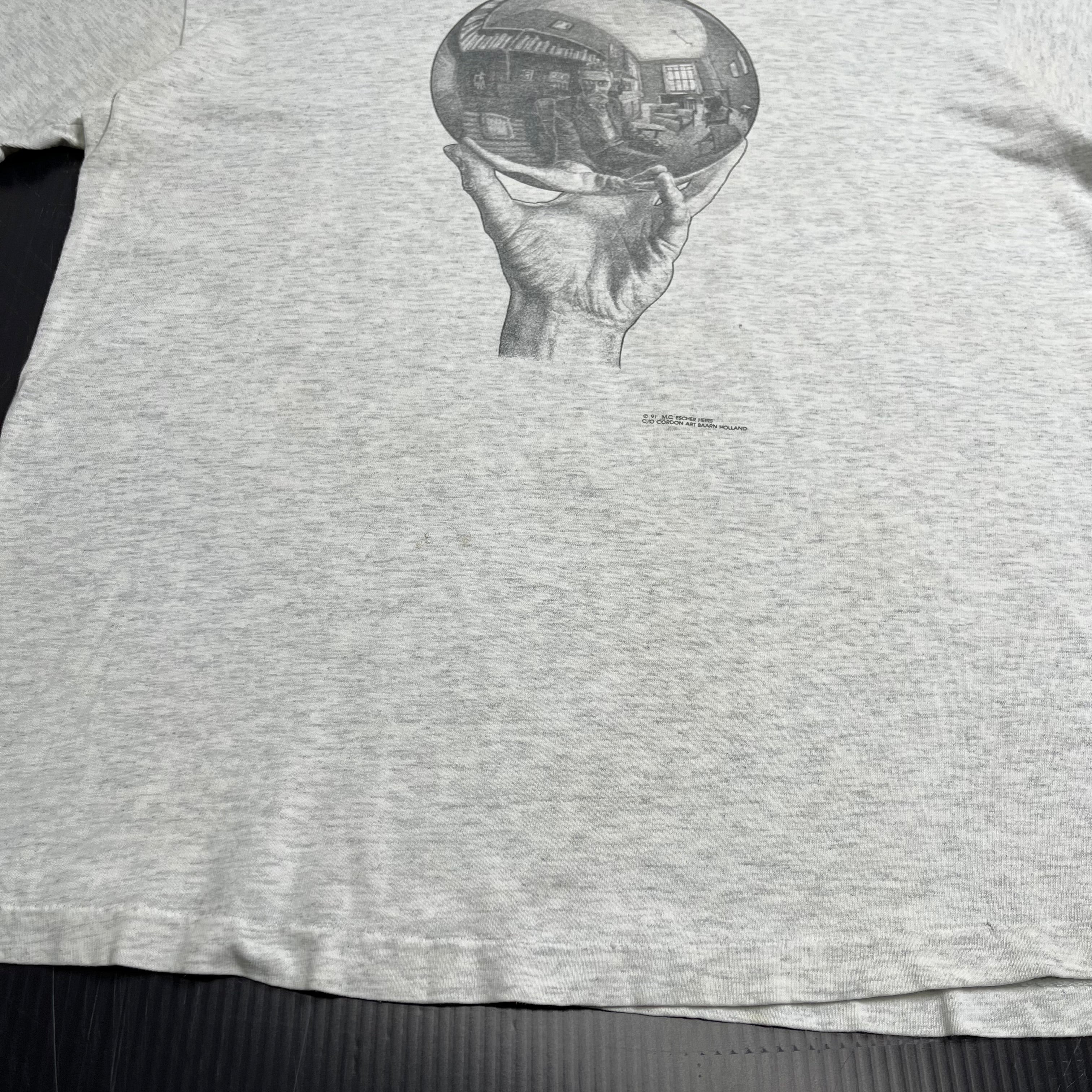 1991 M.C. Escher Hand With Reflecting Sphere Portrait Tee L