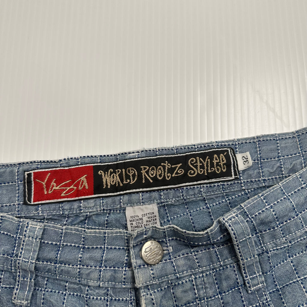 Vintage Yaga World Roots Style Grid Pattern Denim Shorts 32
