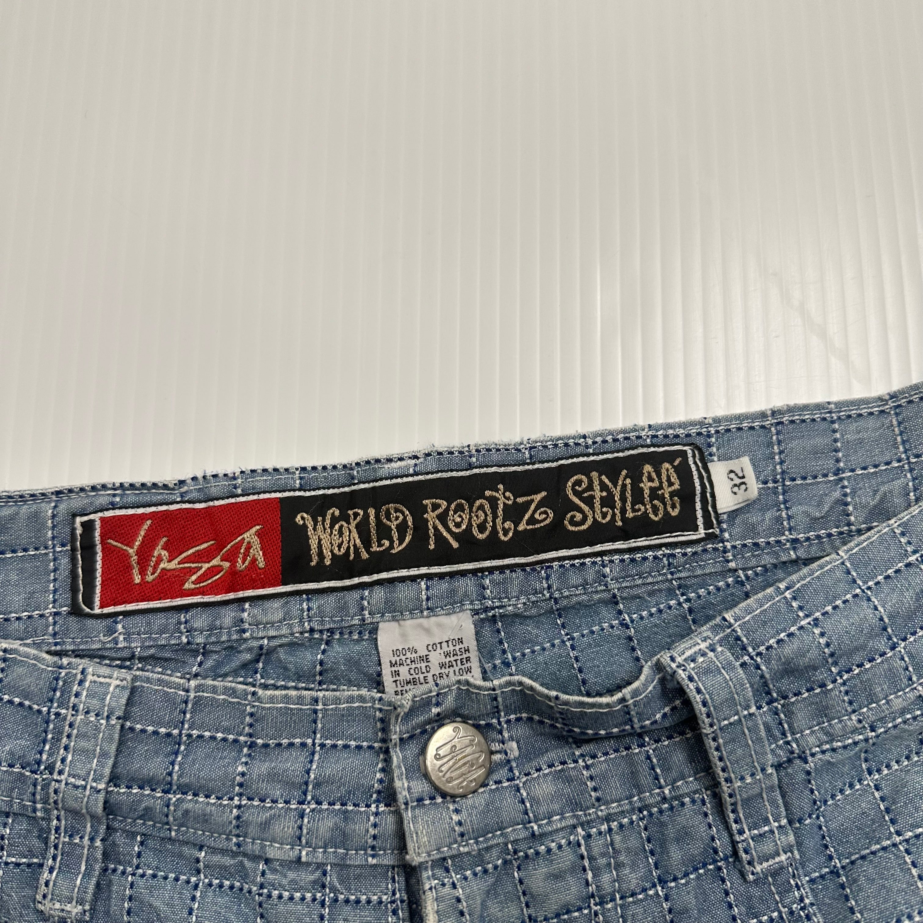 Vintage Yaga World Roots Style Grid Pattern Denim Shorts 32