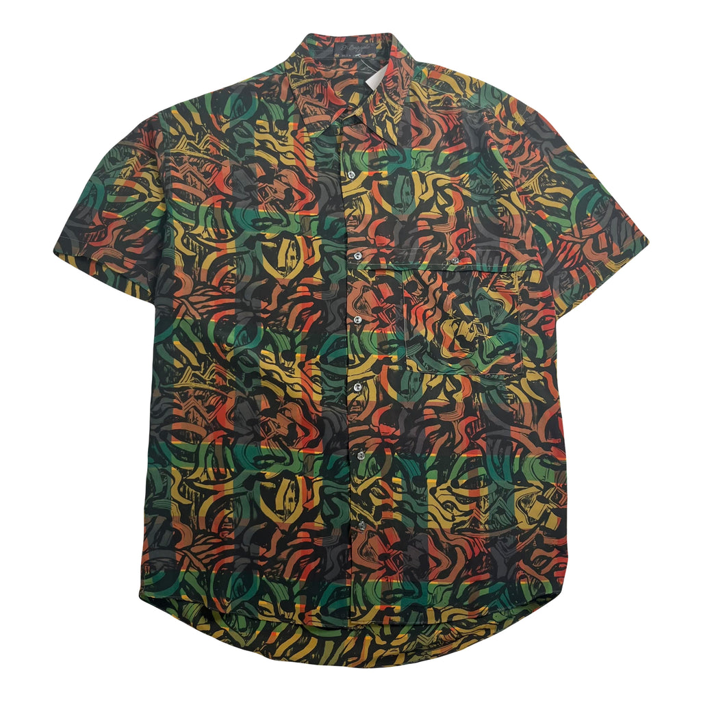 Vintage Pattern Viscose Short Sleeve Button Up Shirt M