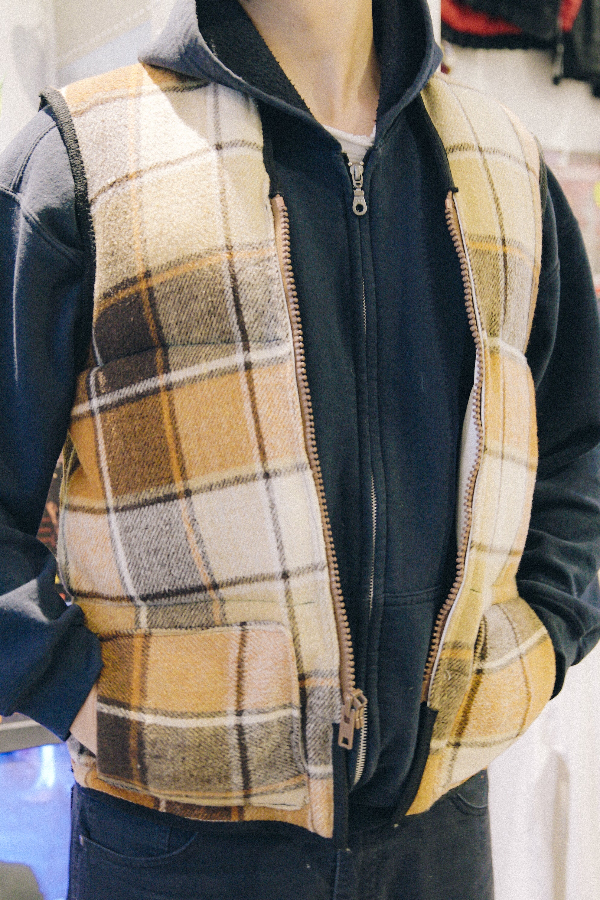 Rework Wool Plaid Puffer Vest S