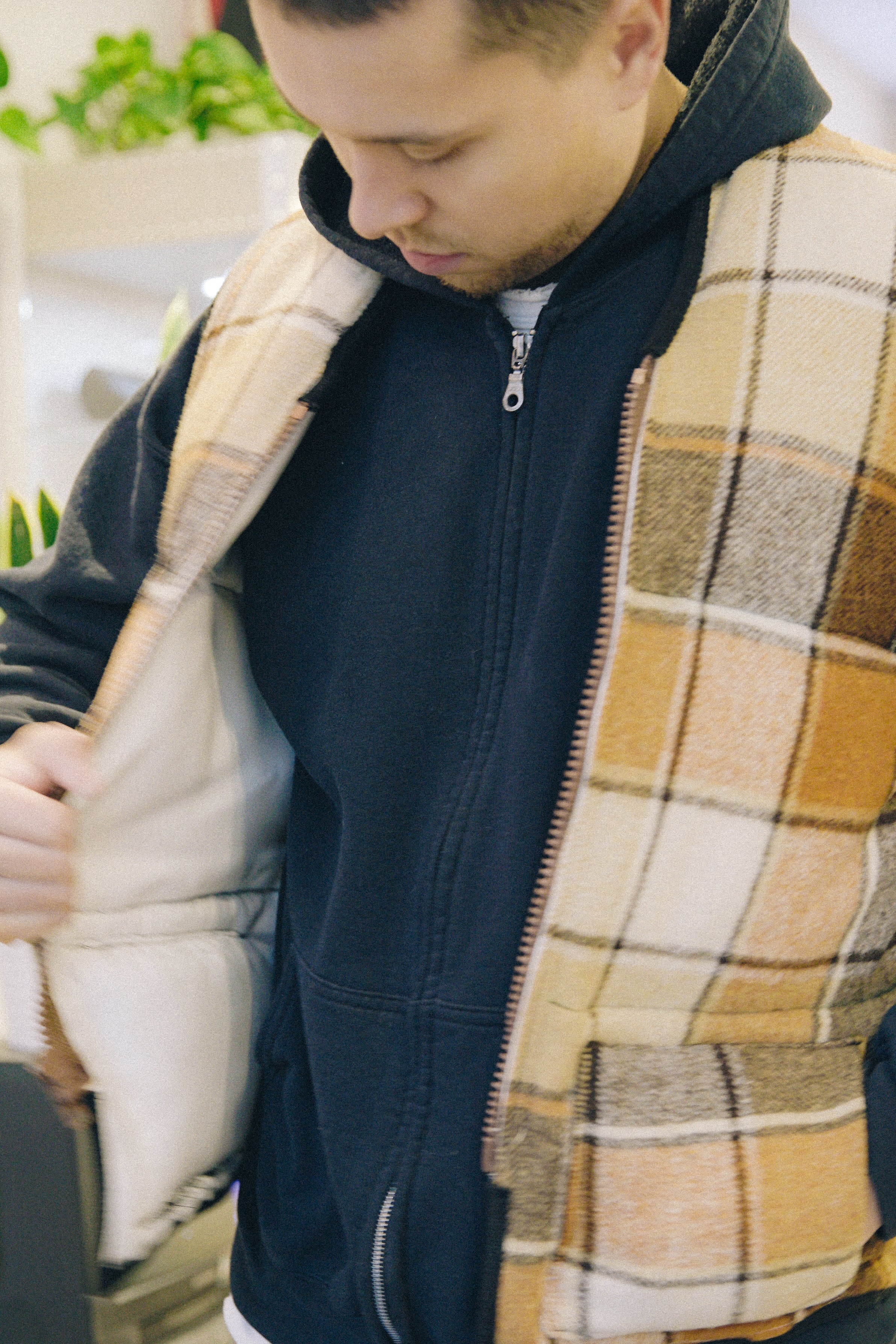 Rework Wool Plaid Puffer Vest S