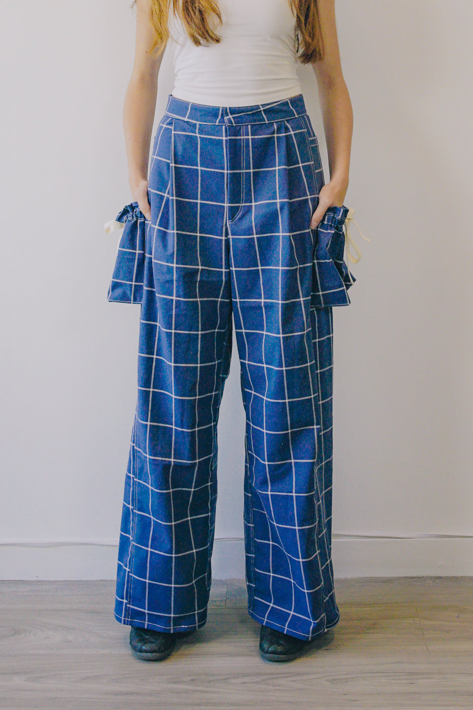 Rework Plaid Pouch Pocket Flared Cargo Pants