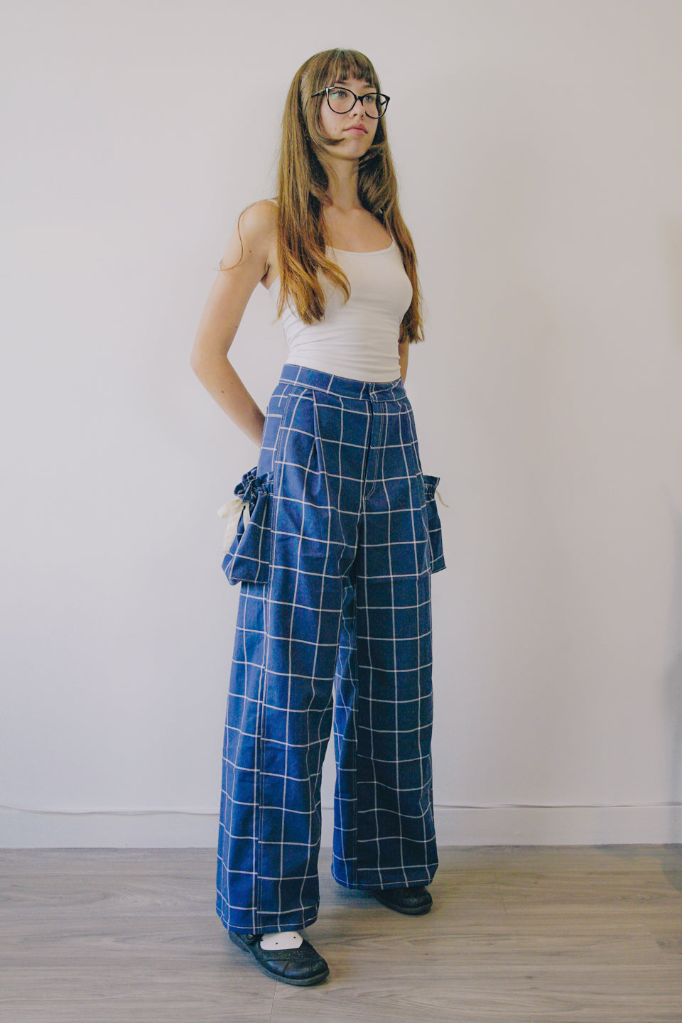 Rework Plaid Pouch Pocket Flared Cargo Pants