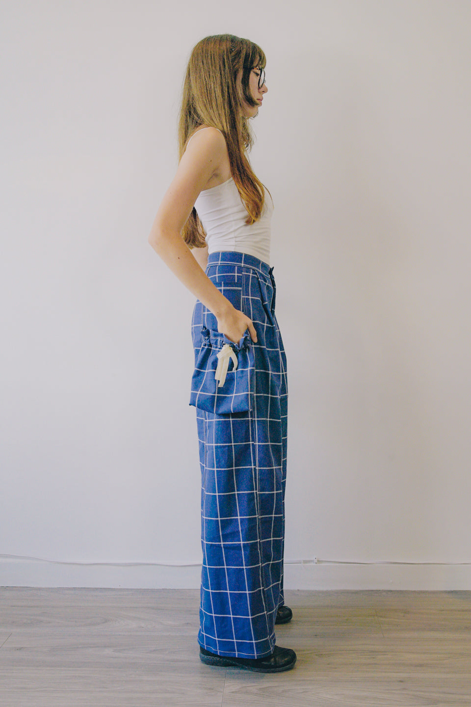 Rework Plaid Pouch Pocket Flared Cargo Pants
