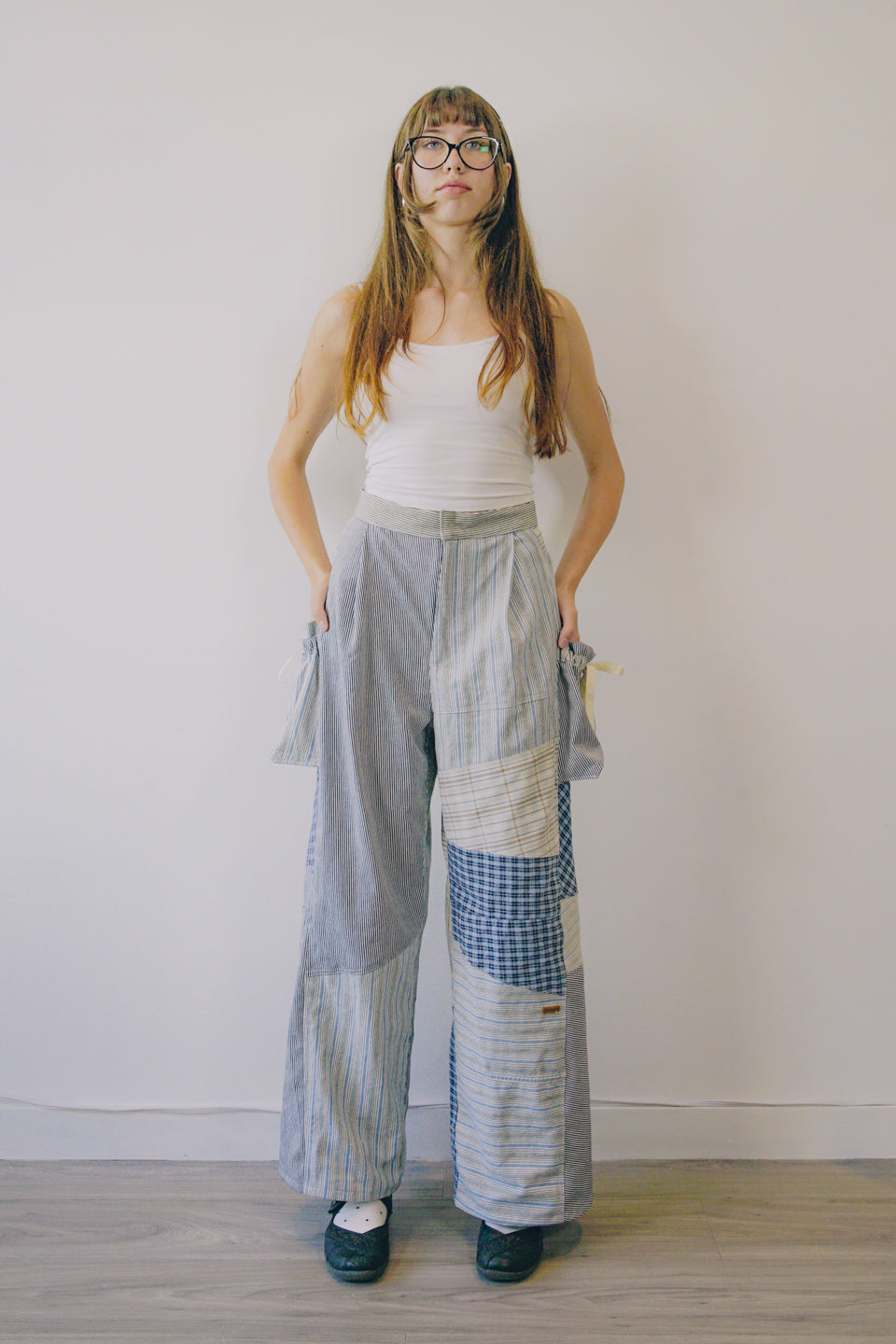 Rework Vintage Patchwork Flannel Pouch Pocket Flared Cargo Pants