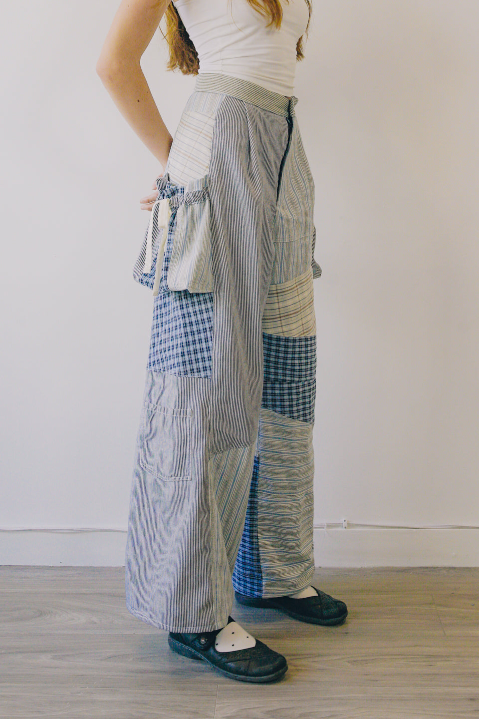 Rework Vintage Patchwork Flannel Pouch Pocket Flared Cargo Pants