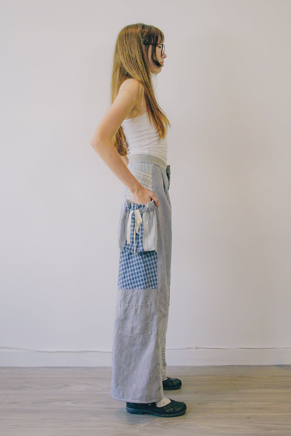 Rework Vintage Patchwork Flannel Pouch Pocket Flared Cargo Pants