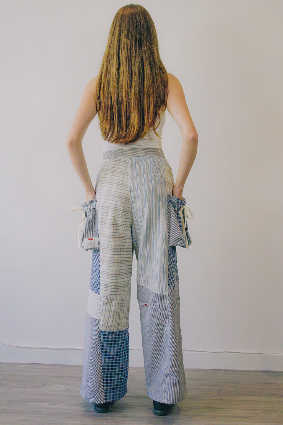 Rework Vintage Patchwork Flannel Pouch Pocket Flared Cargo Pants
