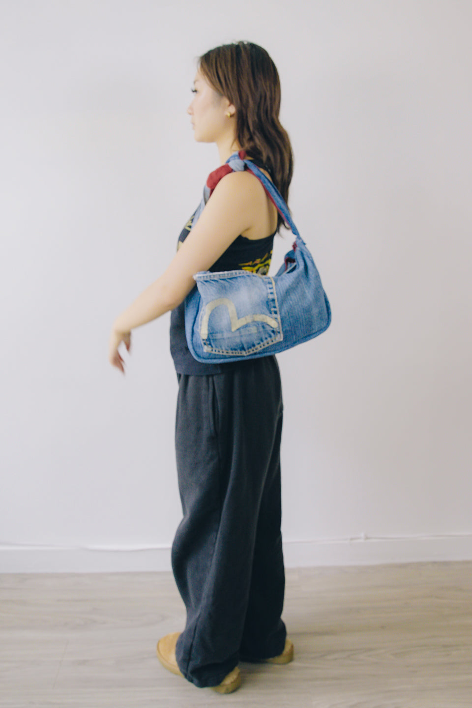 Rework Evisu Denim Tie Strap Mini Shoulder Bag