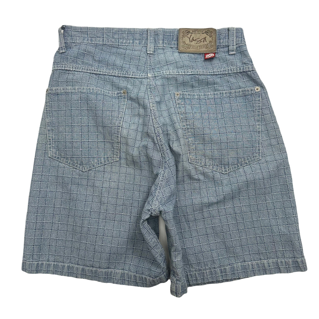 Vintage Yaga World Roots Style Grid Pattern Denim Shorts 32
