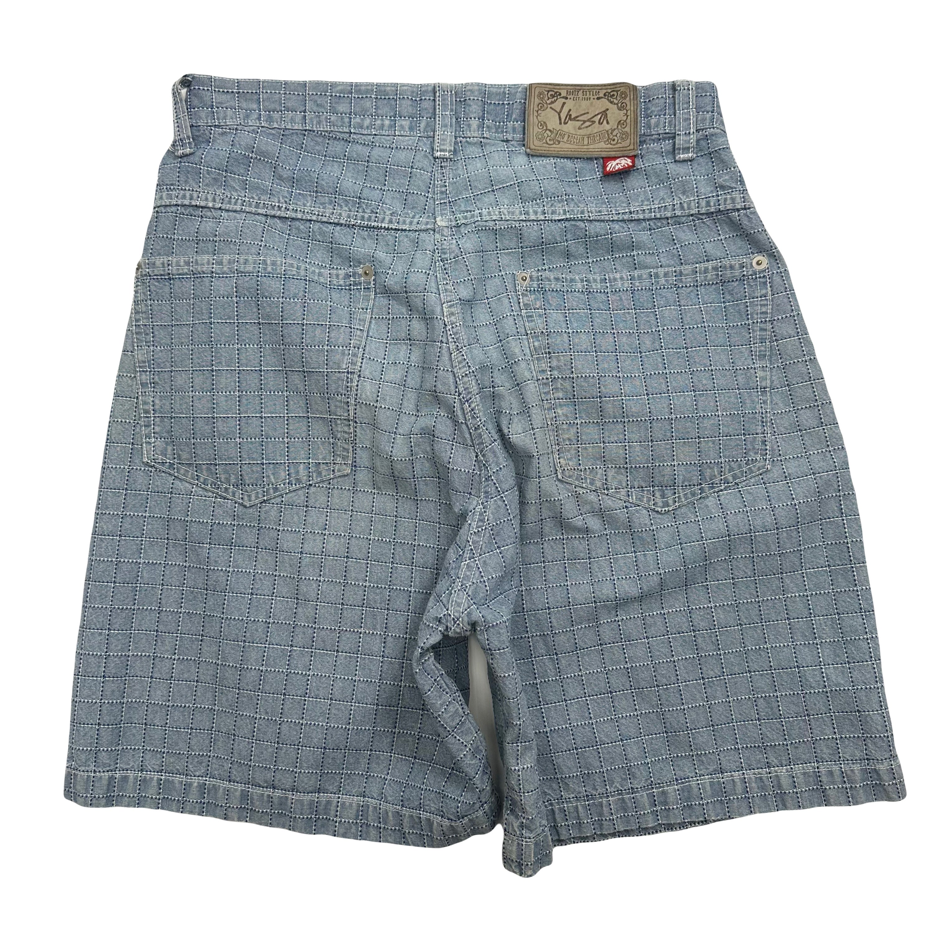 Vintage Yaga World Roots Style Grid Pattern Denim Shorts 32