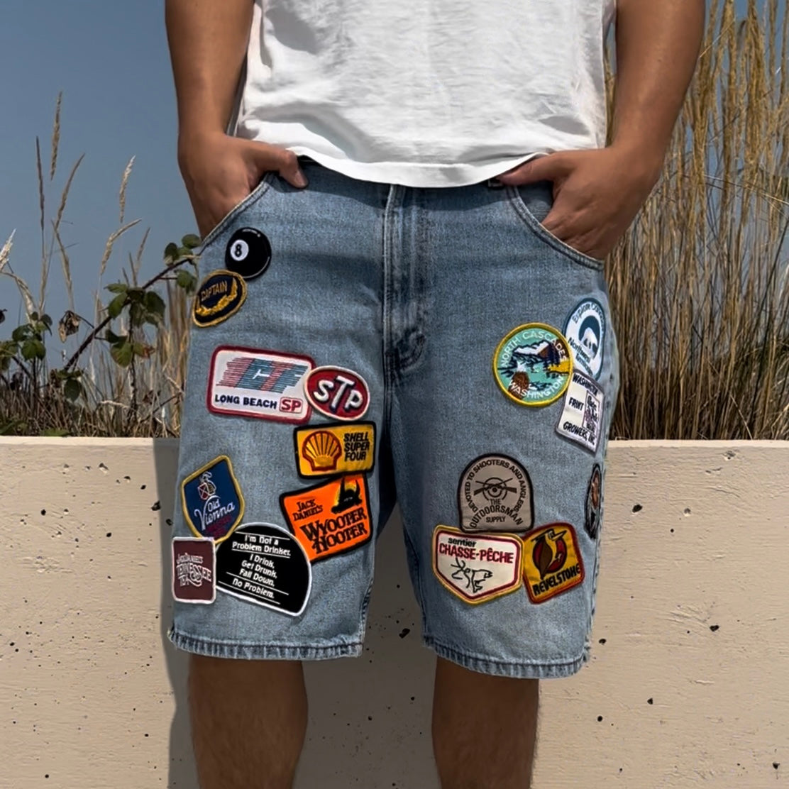 Rework Patched Up Faded Denim Shorts 36