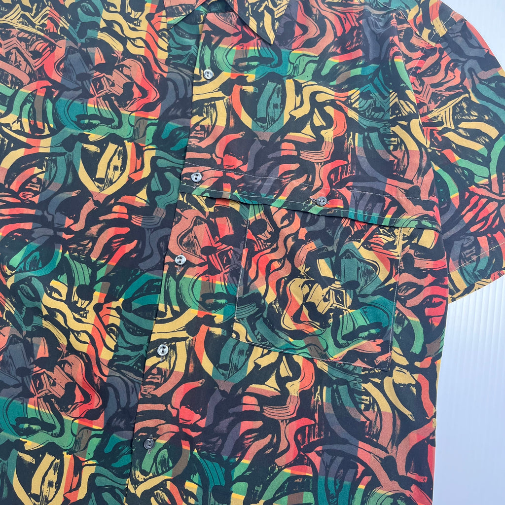 Vintage Pattern Viscose Short Sleeve Button Up Shirt M