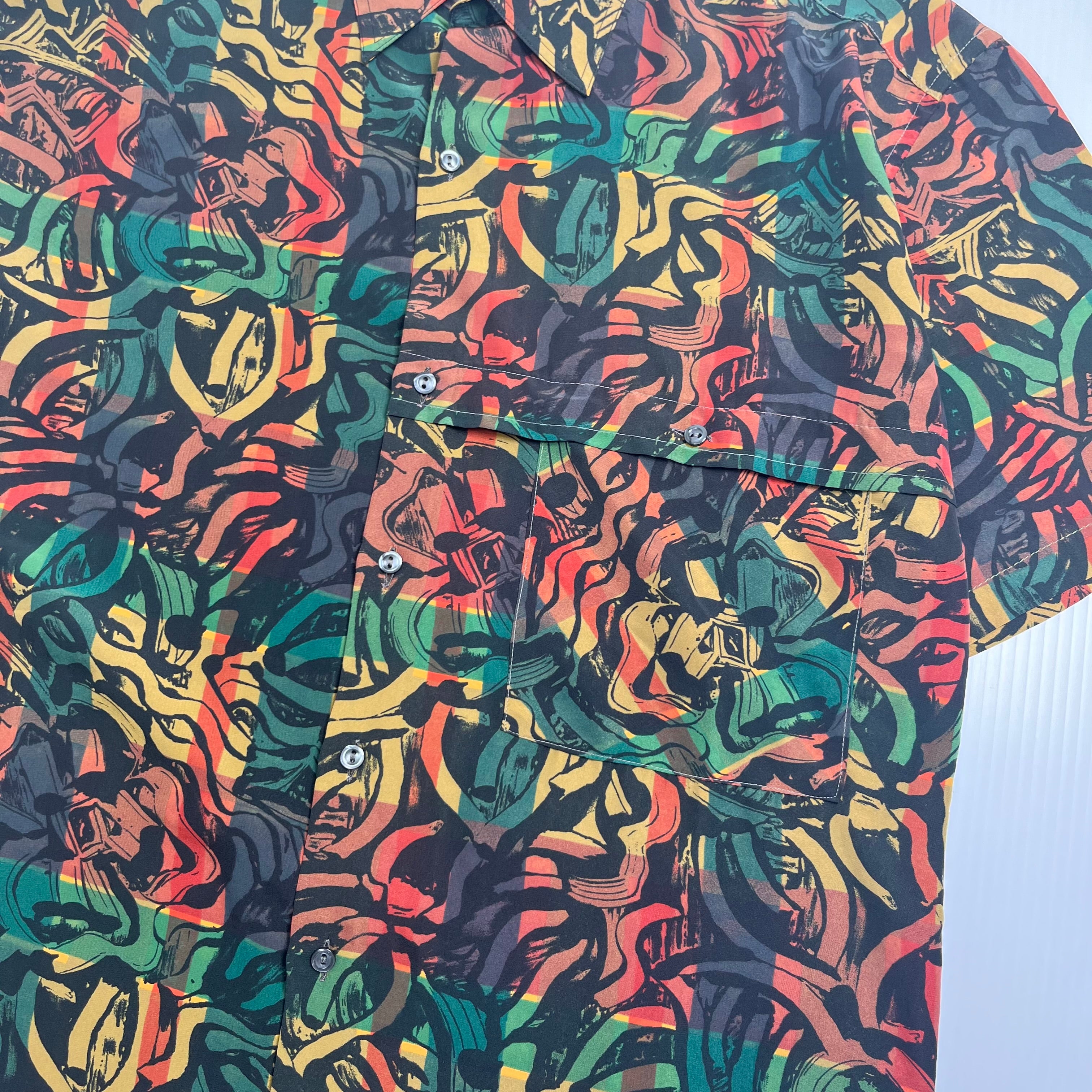 Vintage Pattern Viscose Short Sleeve Button Up Shirt M