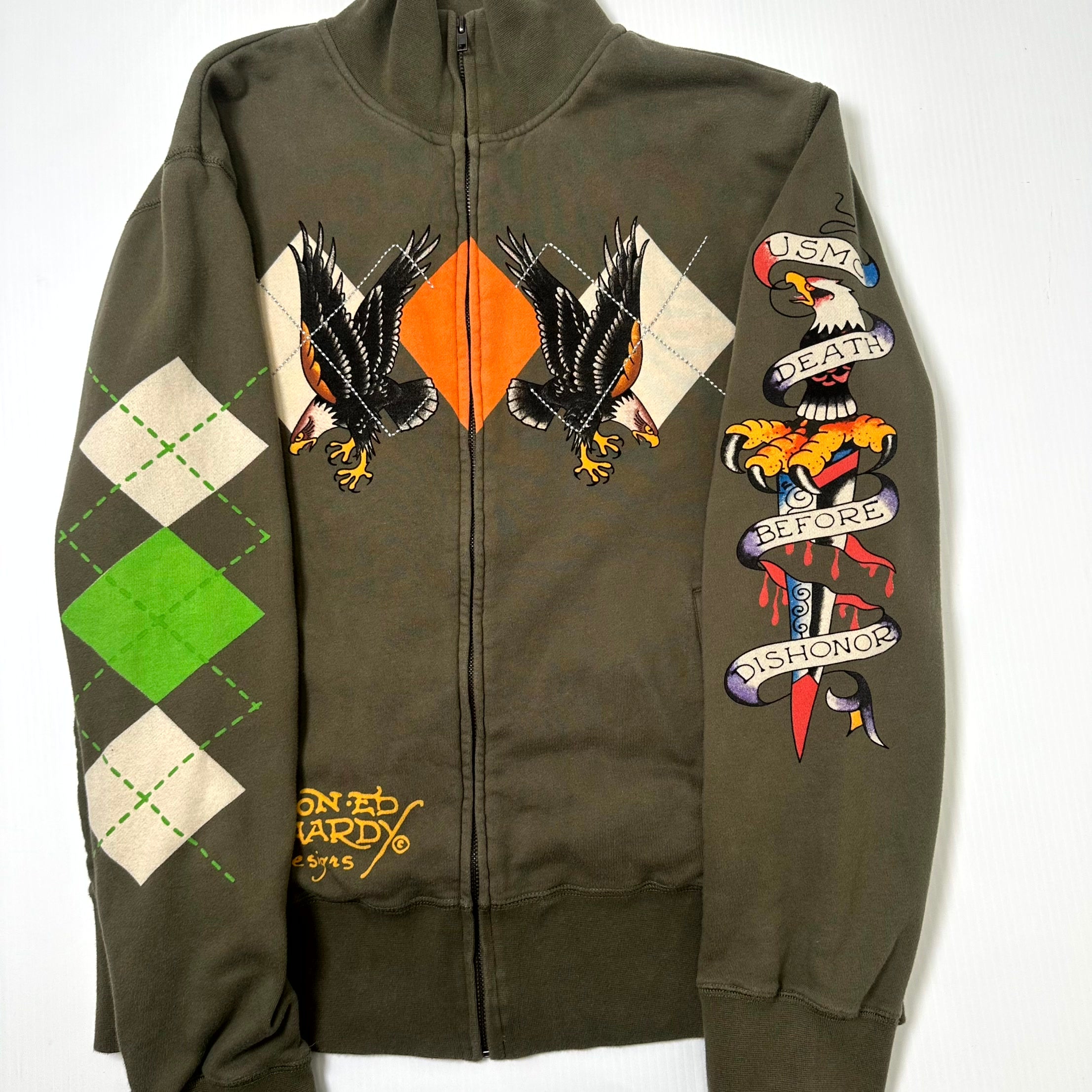 Y2K Ed Hardy Tattoo Graphic Cotton Zip Jacket L
