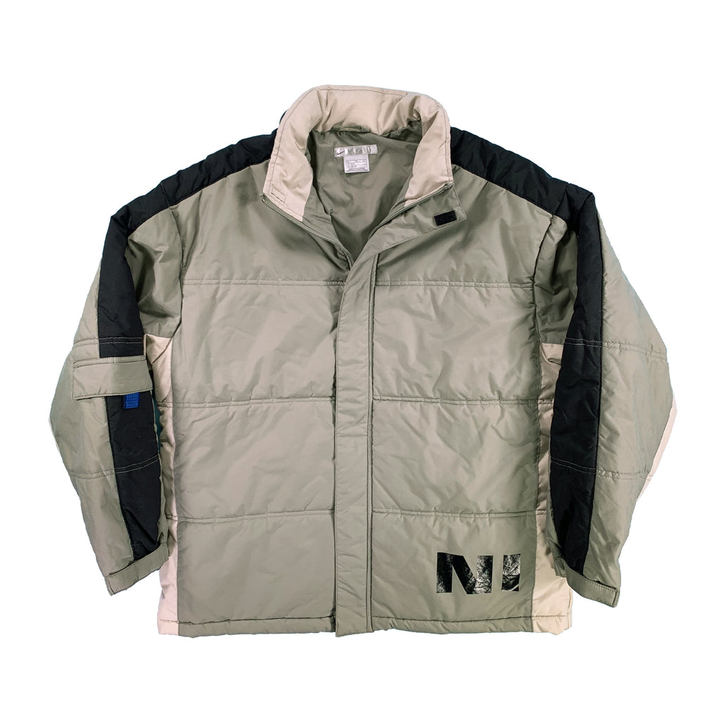 Vintage Nike block text puffer olive green L