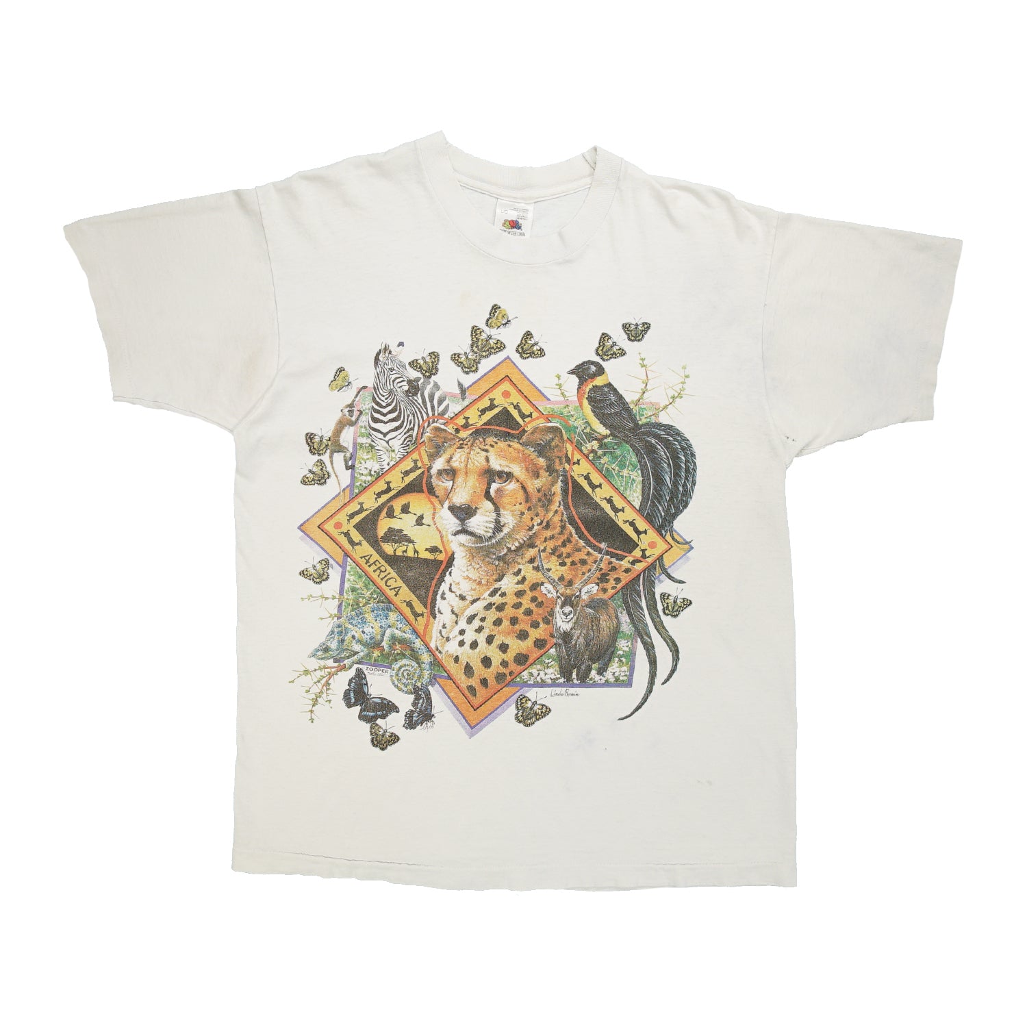 '90s Africa animal art collage tee L
