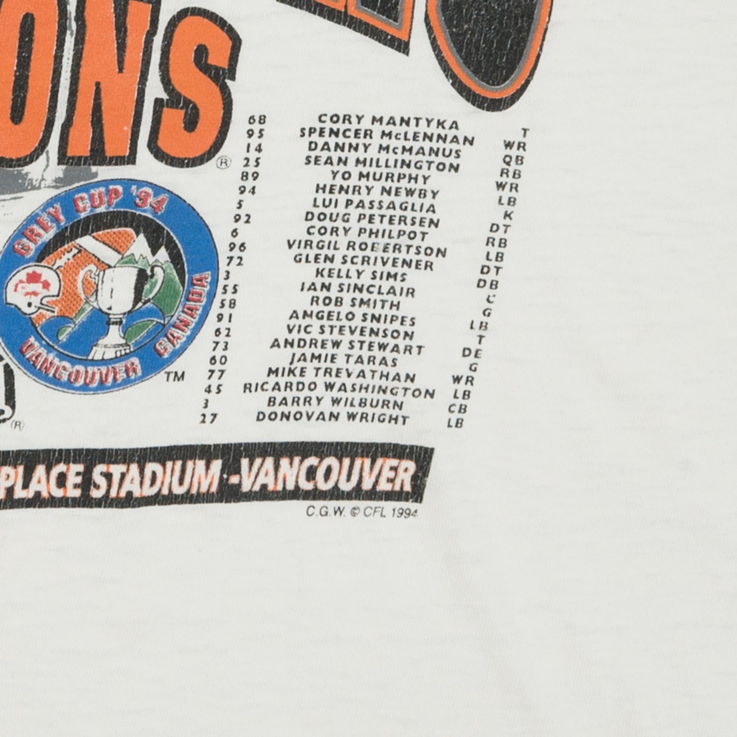 1994 BC Lions Grey Cup Champions CFL distressed tee XL