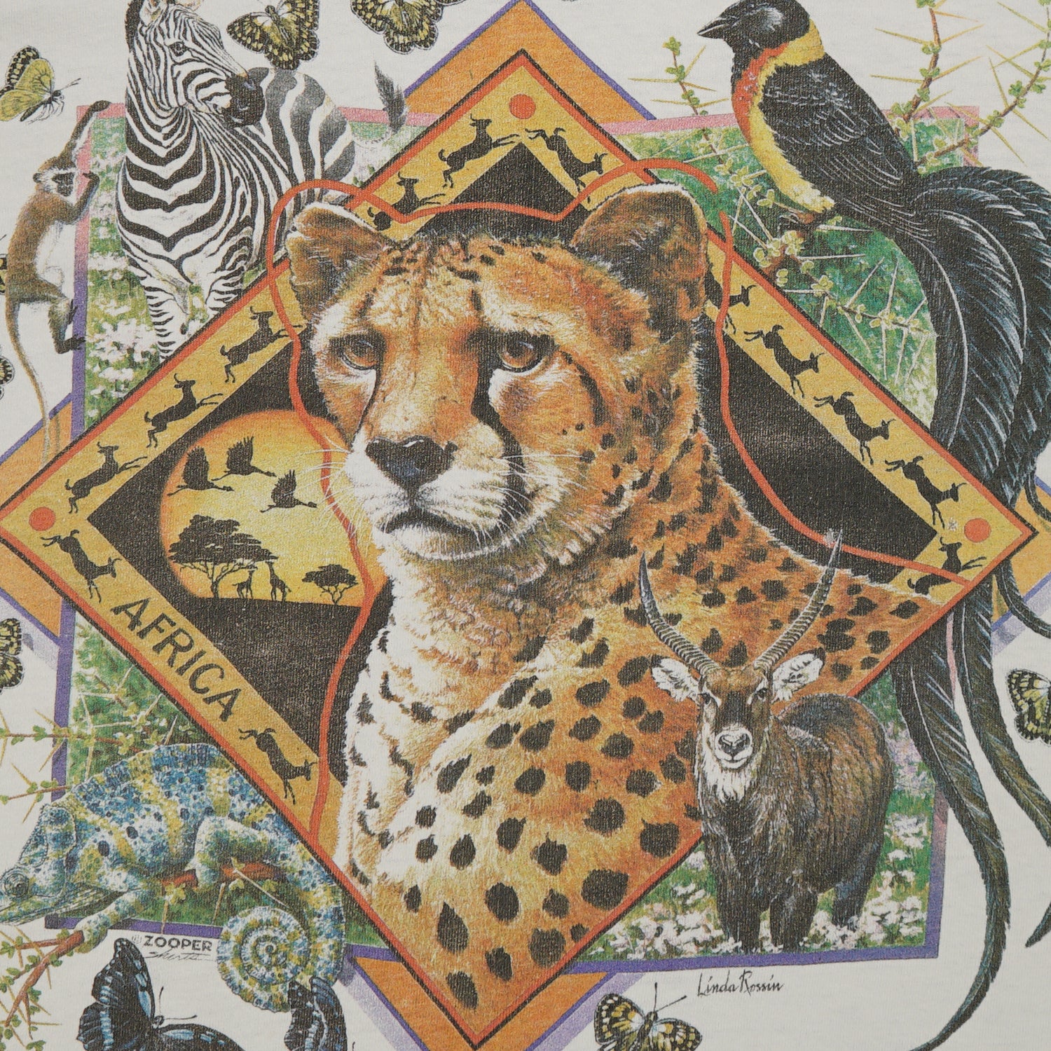'90s Africa animal art collage tee L