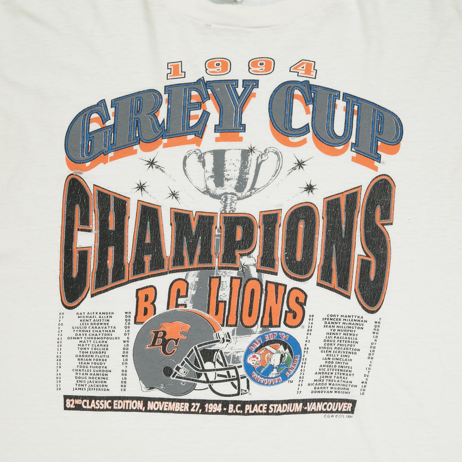 1994 BC Lions Grey Cup Champions CFL distressed tee XL